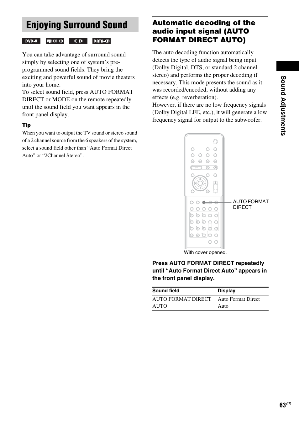 Enjoying surround sound | Sony DAV-LF1 User Manual | Page 63 / 116