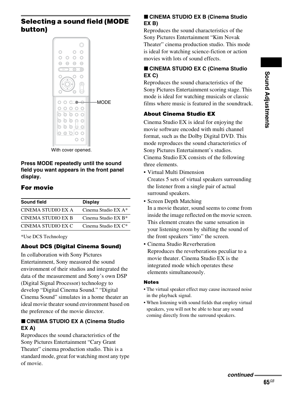 Selecting a sound field (mode button) | Sony DAV-LF1 User Manual | Page 65 / 116