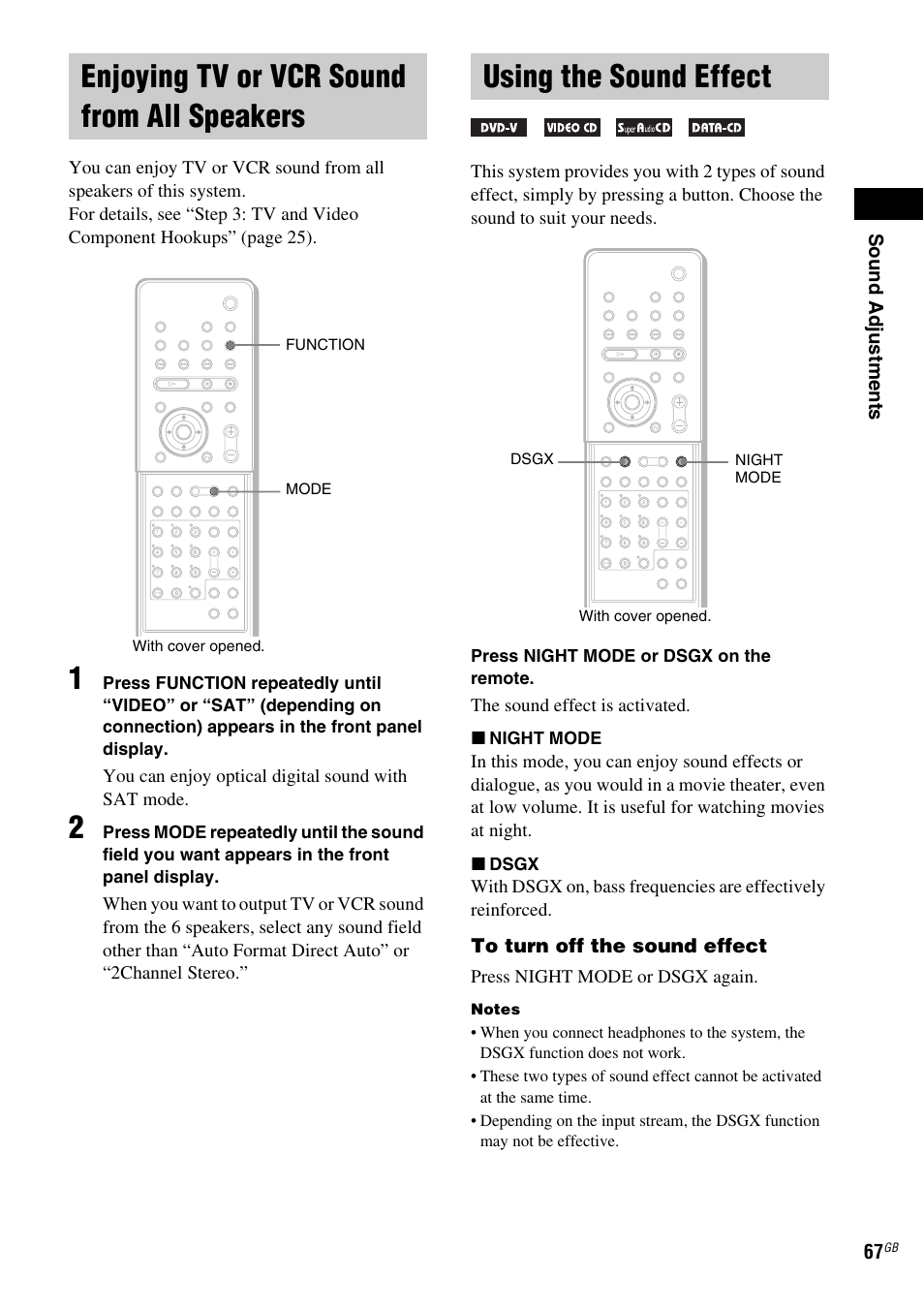 Enjoying tv or vcr sound from all speakers, Using the sound effect, Enjoying tv or vcr sound from all | Speakers | Sony DAV-LF1 User Manual | Page 67 / 116