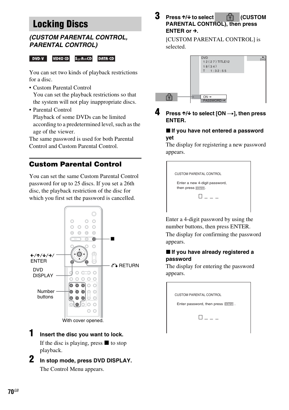 Locking discs, Custom parental control, parental control), Custom parental control | Sony DAV-LF1 User Manual | Page 70 / 116