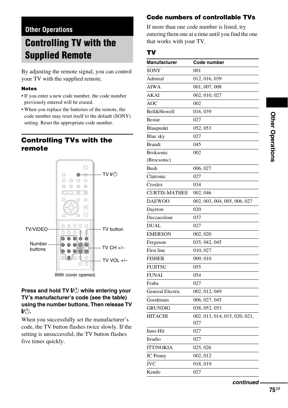Other operations, Controlling tv with the supplied remote, Controlling tv with the supplied | Remote, Controlling tvs with the remote | Sony DAV-LF1 User Manual | Page 75 / 116