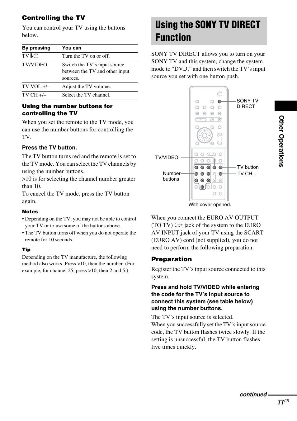 Using the sony tv direct function, Using the sony tv direct, Function | Sony DAV-LF1 User Manual | Page 77 / 116