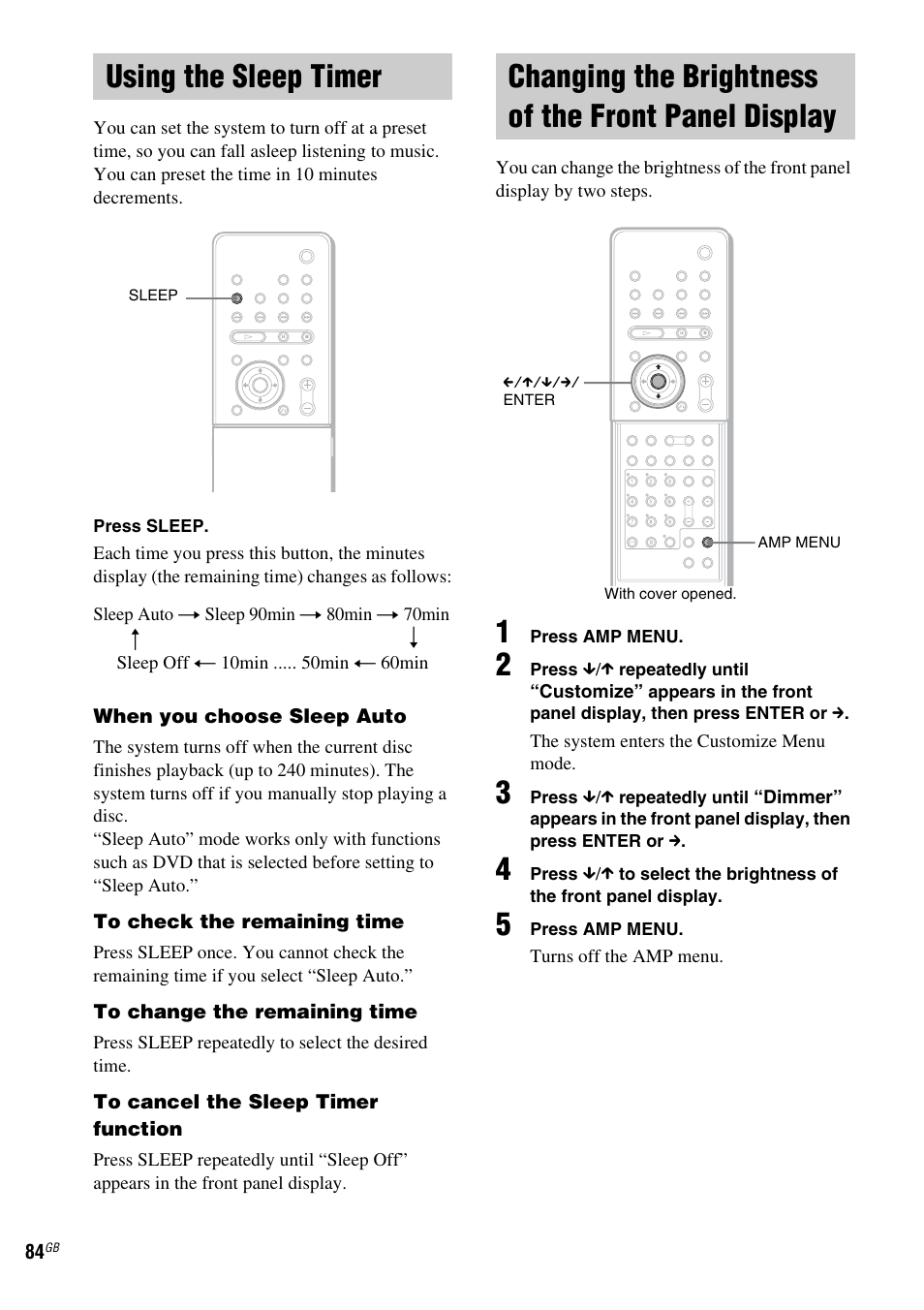 Using the sleep timer, Changing the brightness of the front panel display, Panel display | Sony DAV-LF1 User Manual | Page 84 / 116