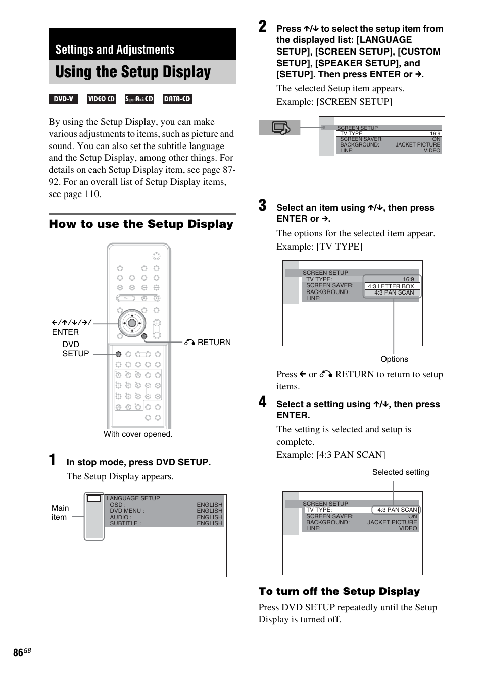 Settings and adjustments, Using the setup display, See “using the | How to use the setup display | Sony DAV-LF1 User Manual | Page 86 / 116