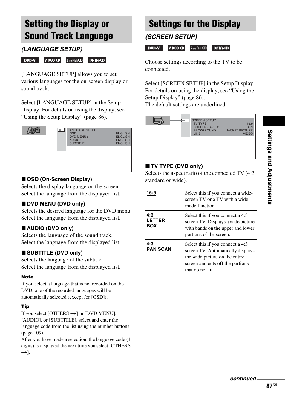 Setting the display or sound track language, Language setup), Settings for the display | Screen setup), Setting the display or sound track, Language (language setup) | Sony DAV-LF1 User Manual | Page 87 / 116