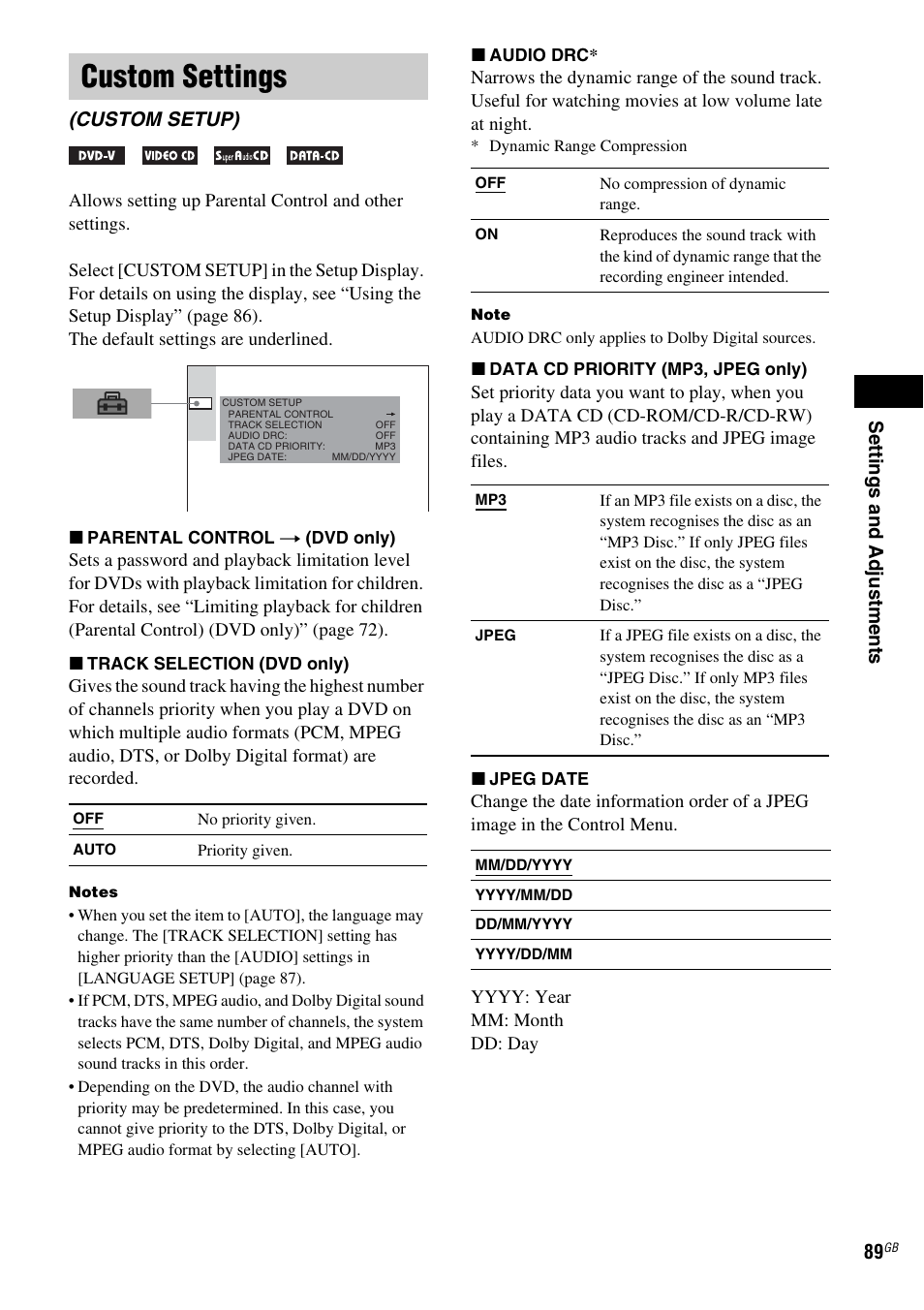 Custom settings, Custom setup) | Sony DAV-LF1 User Manual | Page 89 / 116