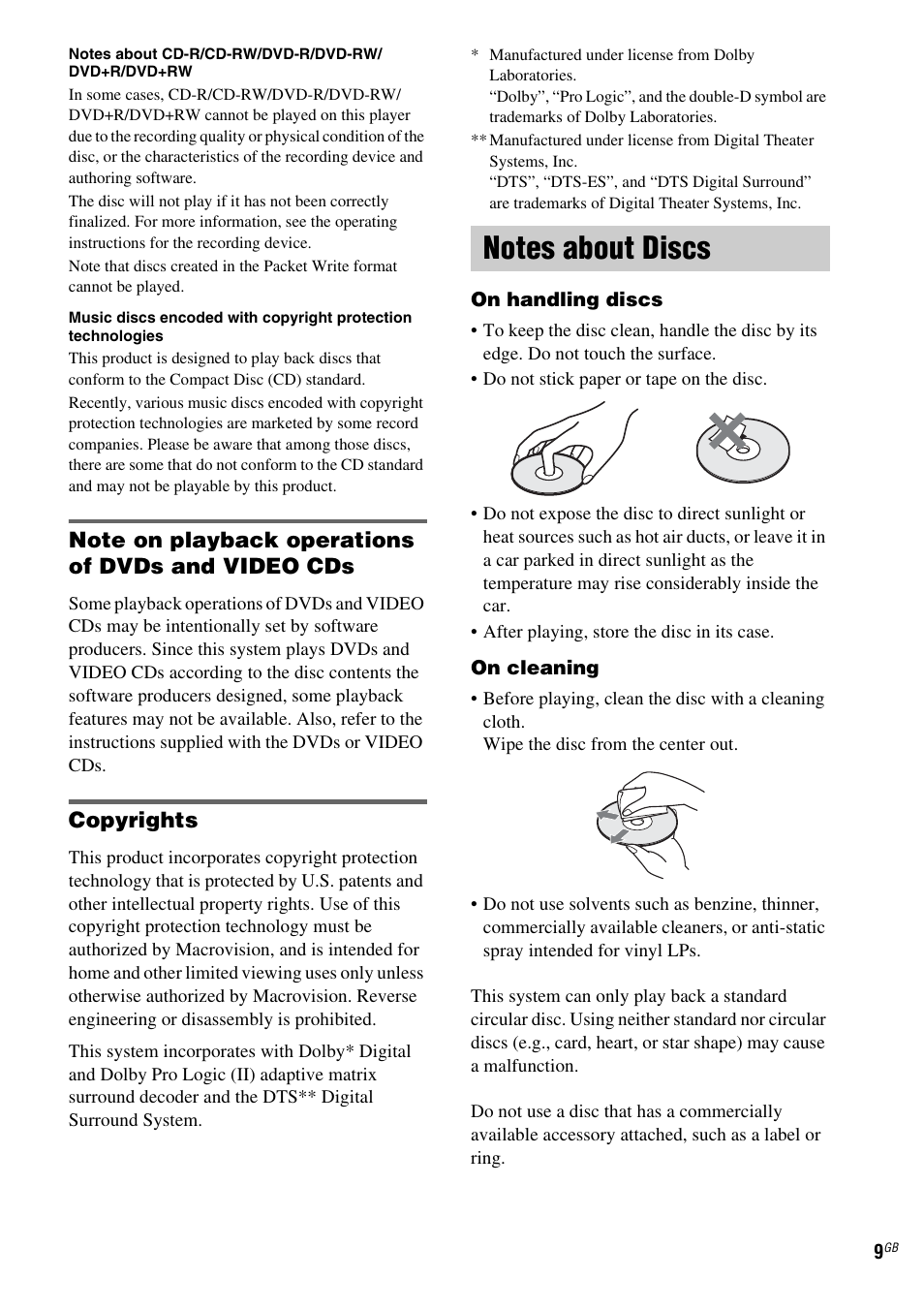 Notes about discs | Sony DAV-LF1 User Manual | Page 9 / 116