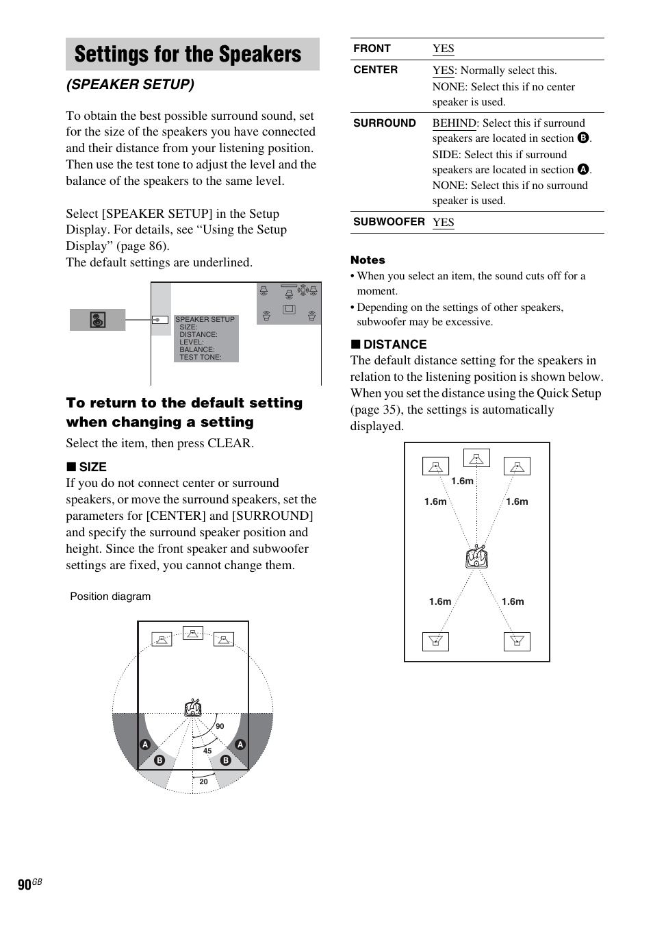 Settings for the speakers, Speaker setup) | Sony DAV-LF1 User Manual | Page 90 / 116