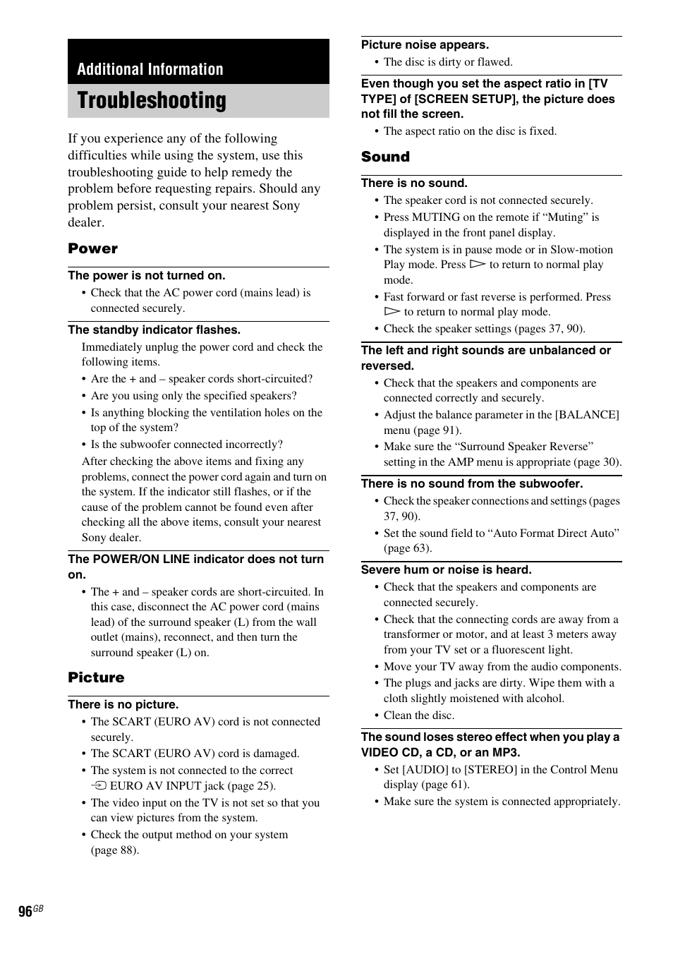 Additional information, Troubleshooting | Sony DAV-LF1 User Manual | Page 96 / 116