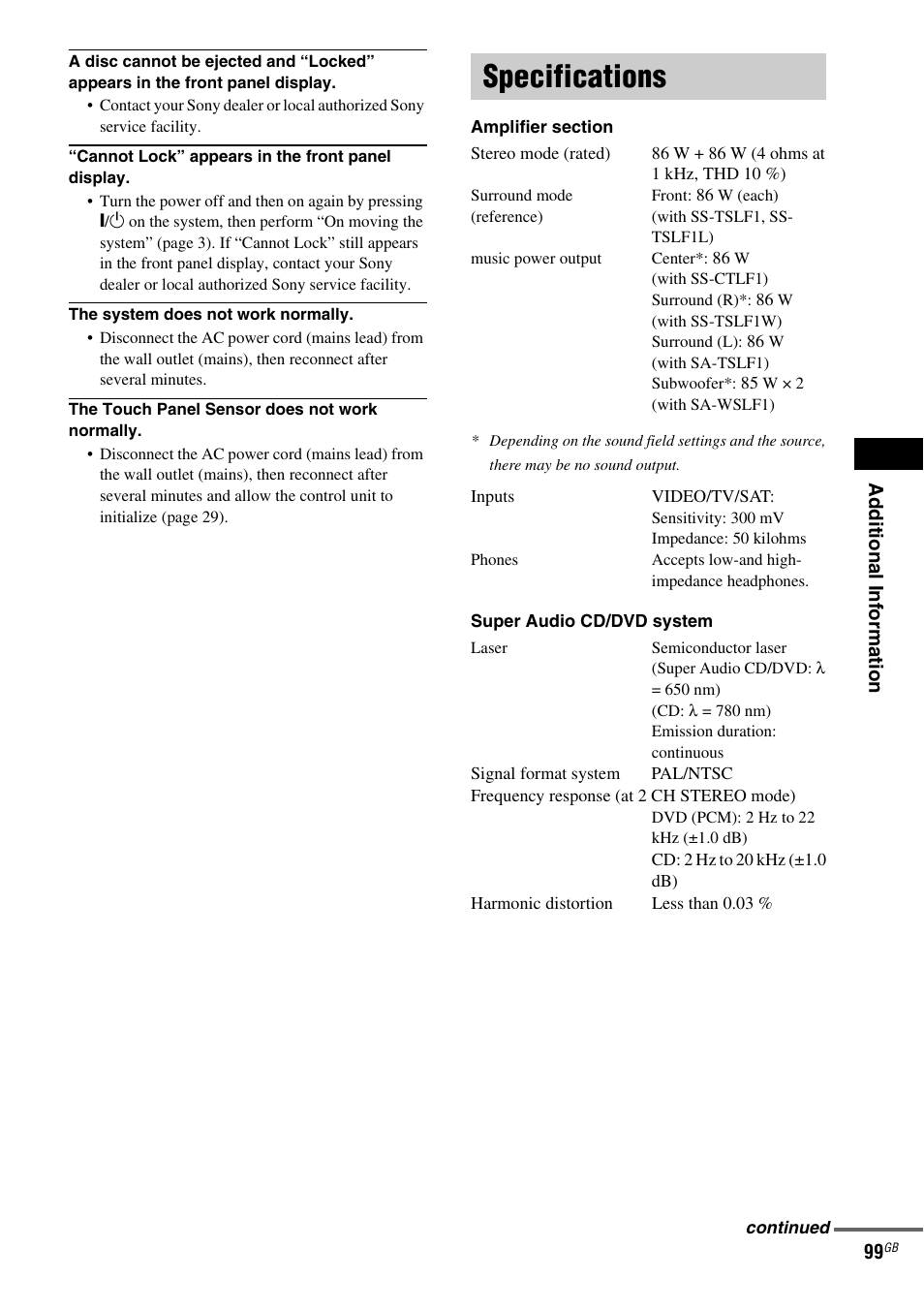 Specifications | Sony DAV-LF1 User Manual | Page 99 / 116