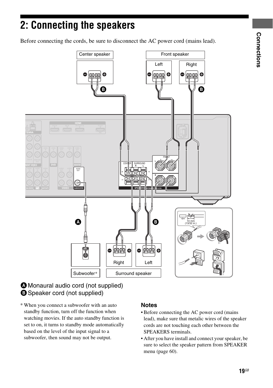 Connecting the speakers, Co nn ecti on s, Left | Right, Left right center speaker, Front speaker subwoofer* surround speaker | Sony STR-DH510 User Manual | Page 19 / 80