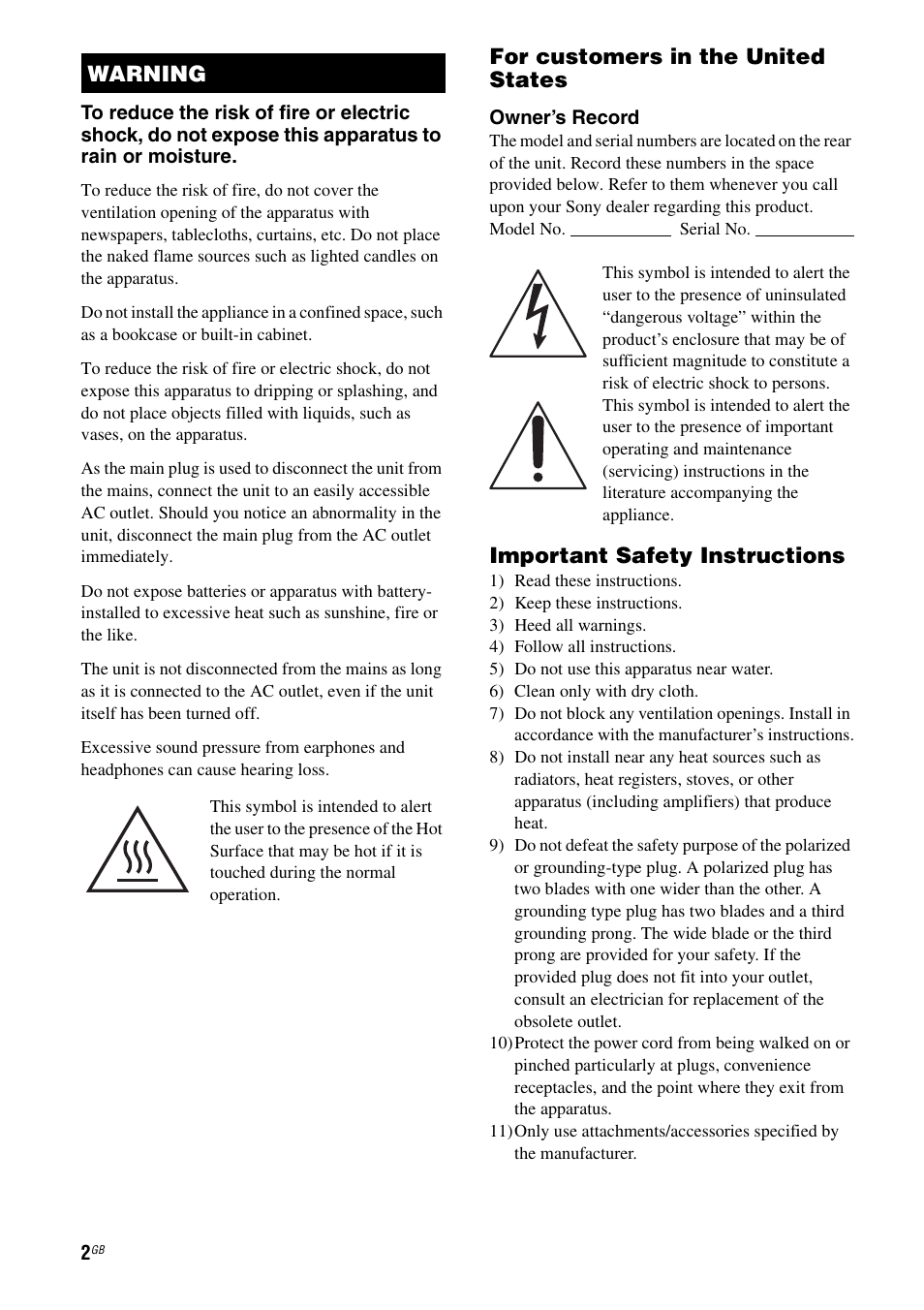 For customers in the united states, Important safety instructions, Warning | Sony STR-DH510 User Manual | Page 2 / 80