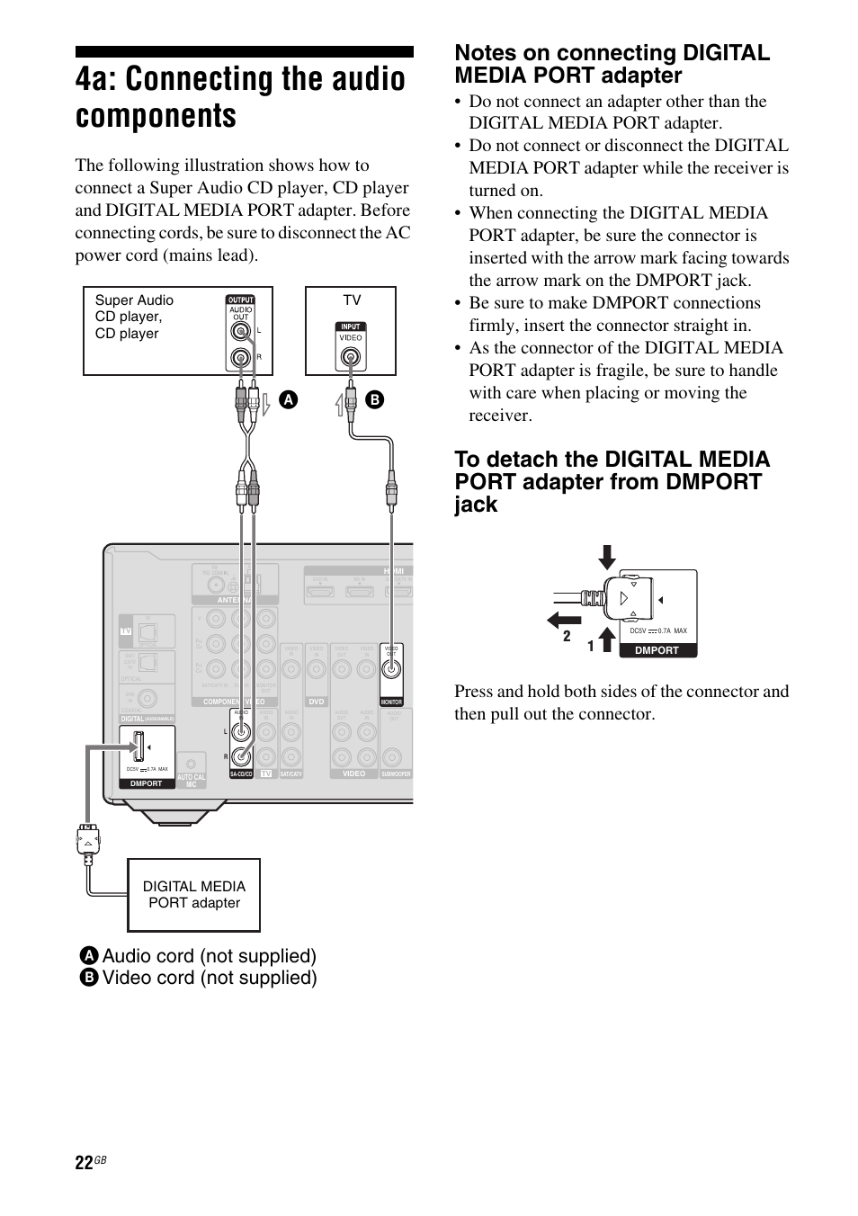 4a: connecting the audio components, Super audio cd player, cd player, Digital media port adapter | Sony STR-DH510 User Manual | Page 22 / 80