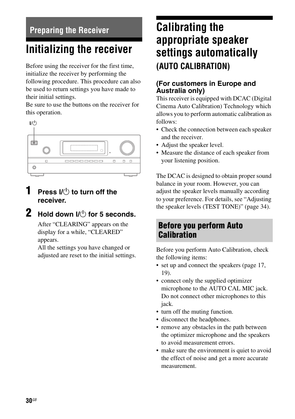 Preparing the receiver, Initializing the receiver, E 30, 39 | Auto calibration), Before you perform auto calibration | Sony STR-DH510 User Manual | Page 30 / 80