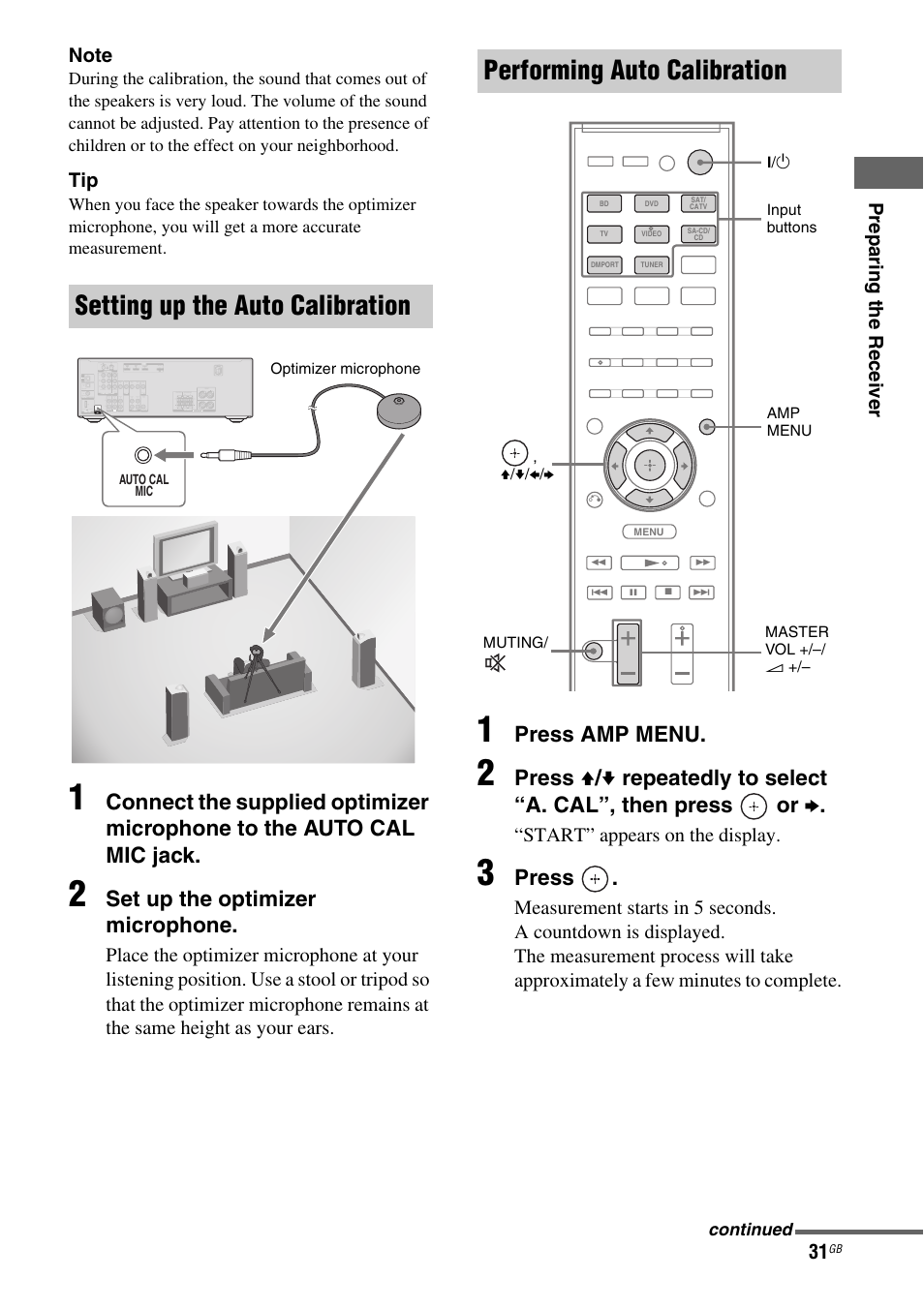 Setting up the auto calibration, Performing auto calibration, Set up the optimizer microphone | Press amp menu, Press, Start” appears on the display | Sony STR-DH510 User Manual | Page 31 / 80