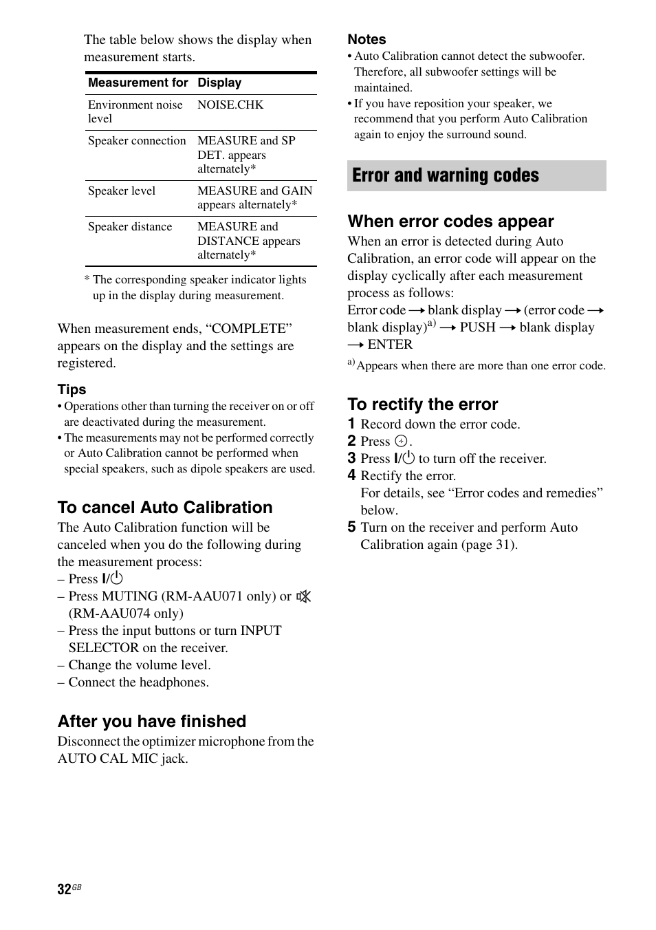 Error and warning codes, After you have finished, When error codes appear | Sony STR-DH510 User Manual | Page 32 / 80