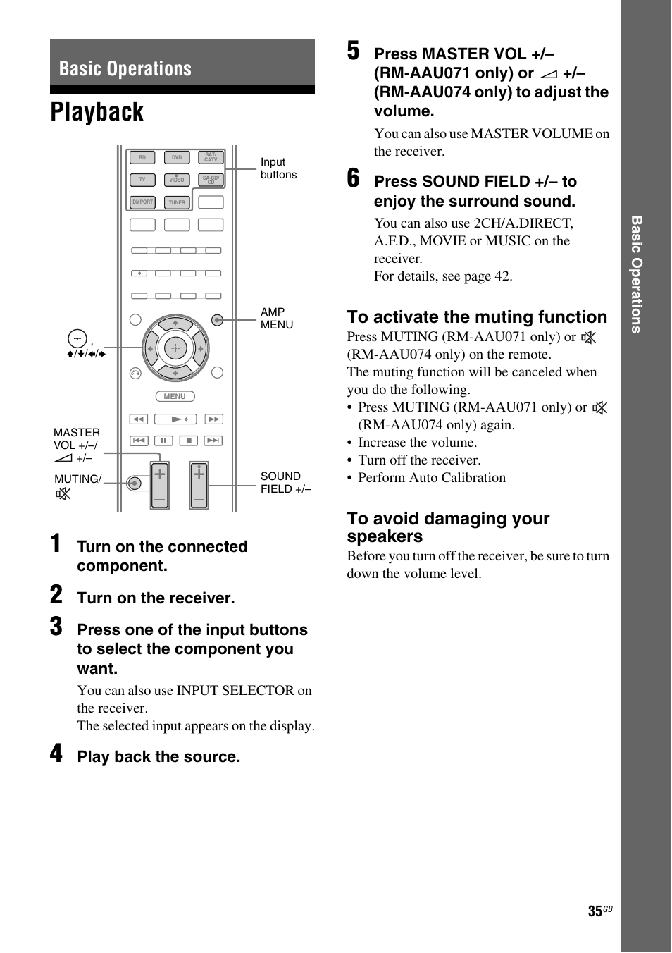 Basic operations, Playback, Playback 1 | Turn on the connected component, Turn on the receiver, Play back the source, Press sound field +/– to enjoy the surround sound | Sony STR-DH510 User Manual | Page 35 / 80