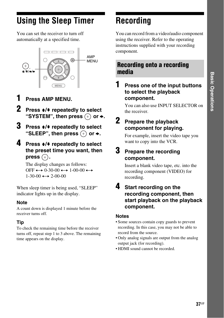 Using the sleep timer, Recording, Using the sleep timer recording | Recording onto a recording media | Sony STR-DH510 User Manual | Page 37 / 80