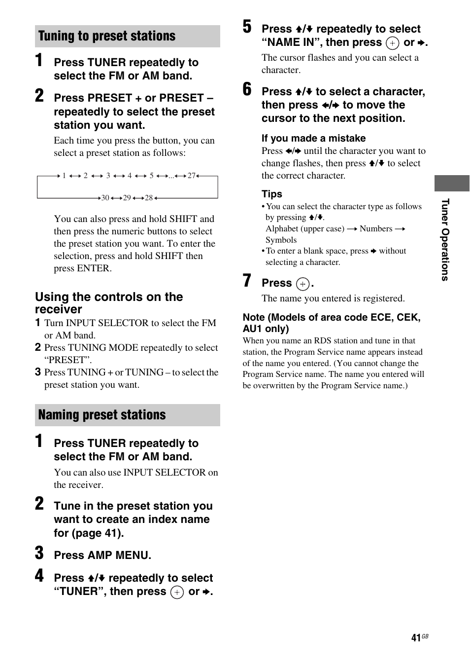 Tuning to preset stations naming preset stations | Sony STR-DH510 User Manual | Page 41 / 80