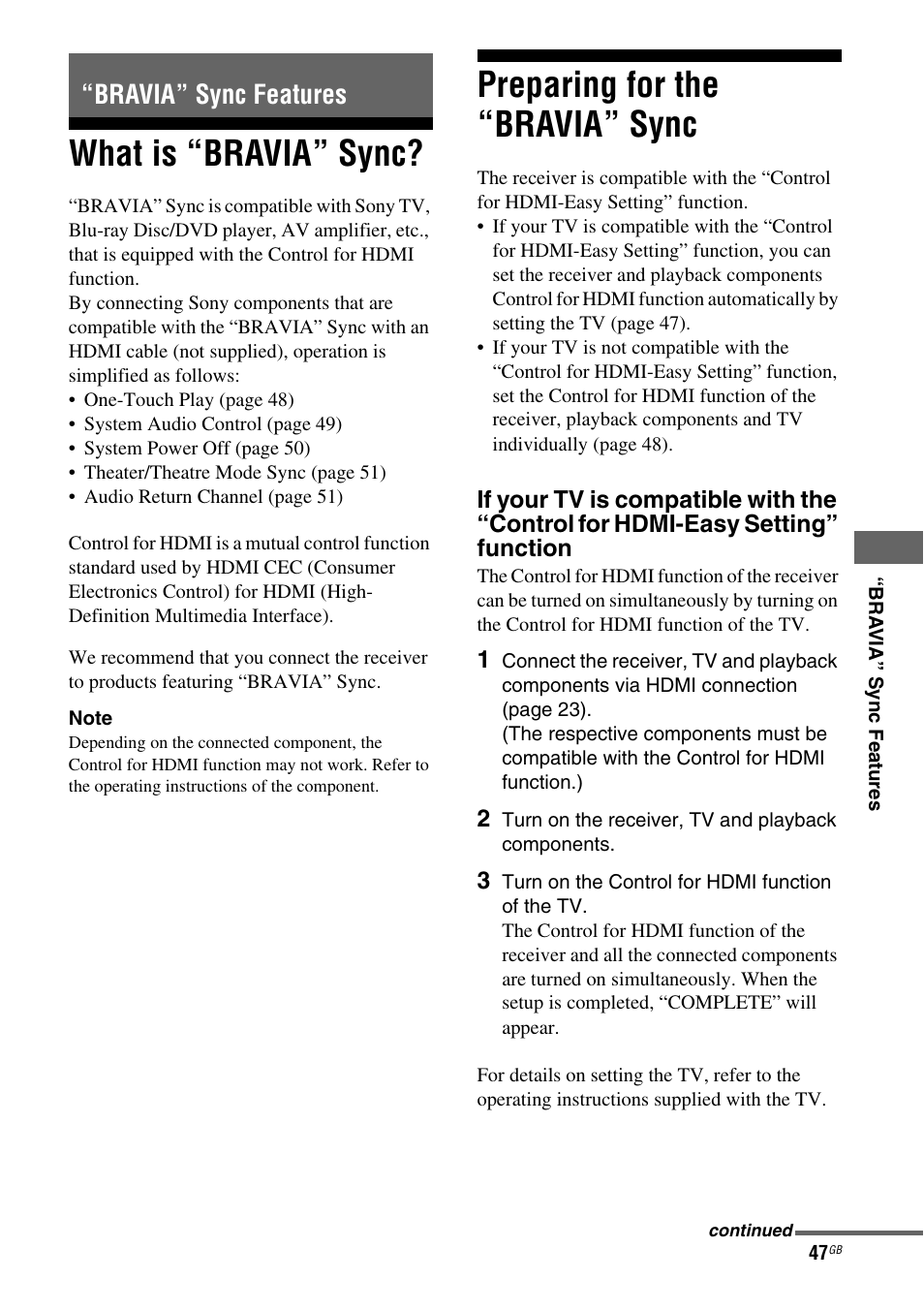 Bravia” sync features, What is “bravia” sync, Preparing for the “bravia” sync | Sony STR-DH510 User Manual | Page 47 / 80