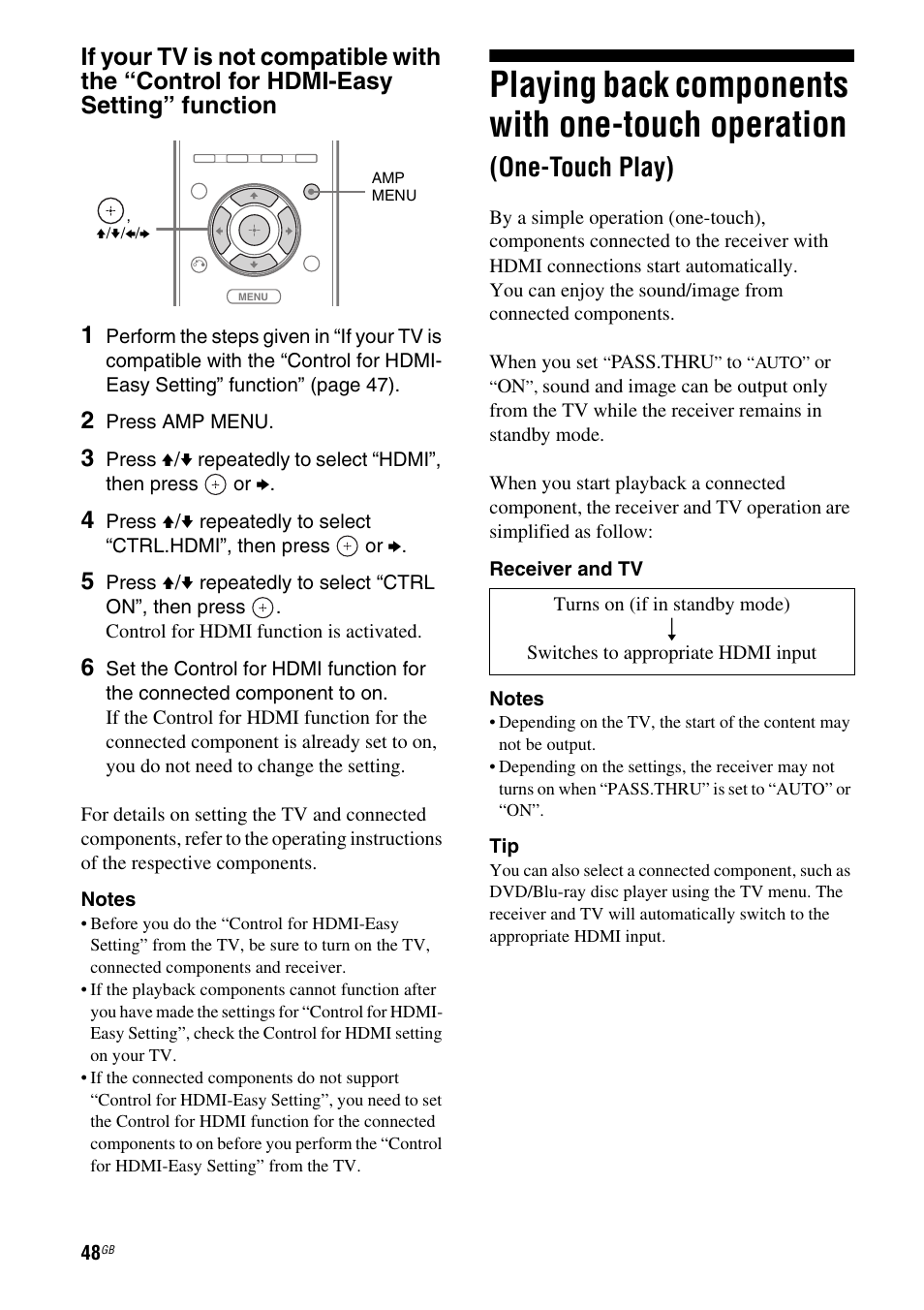 Playing back components with one-touch, Operation (one-touch play), Playing back components with one-touch operation | One-touch play) | Sony STR-DH510 User Manual | Page 48 / 80