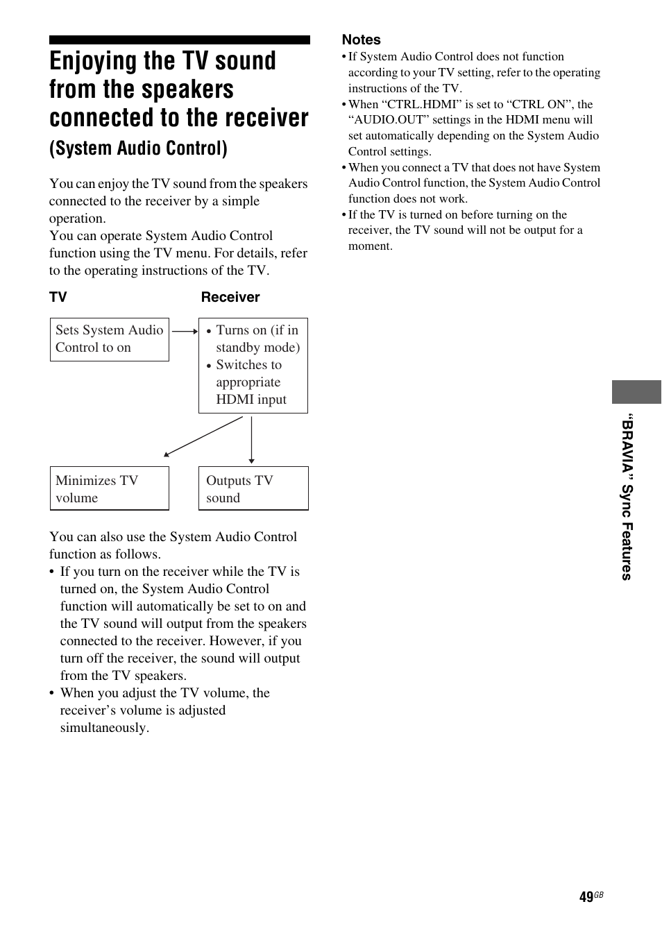 Enjoying the tv sound from the speakers, Connected to the receiver (system audio control), System audio control) | Sony STR-DH510 User Manual | Page 49 / 80