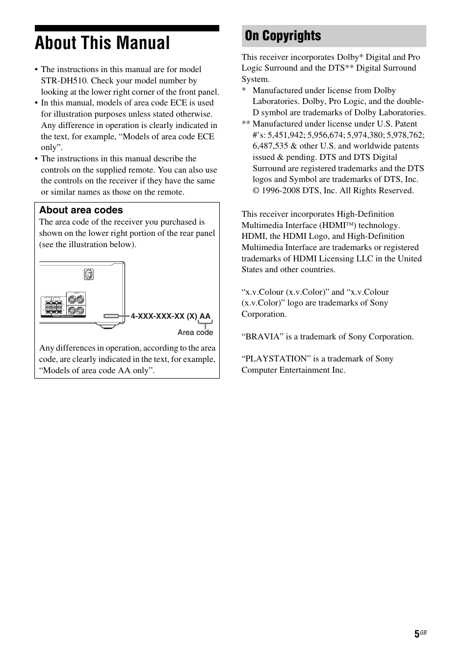 About this manual, On copyrights, About area codes | Sony STR-DH510 User Manual | Page 5 / 80