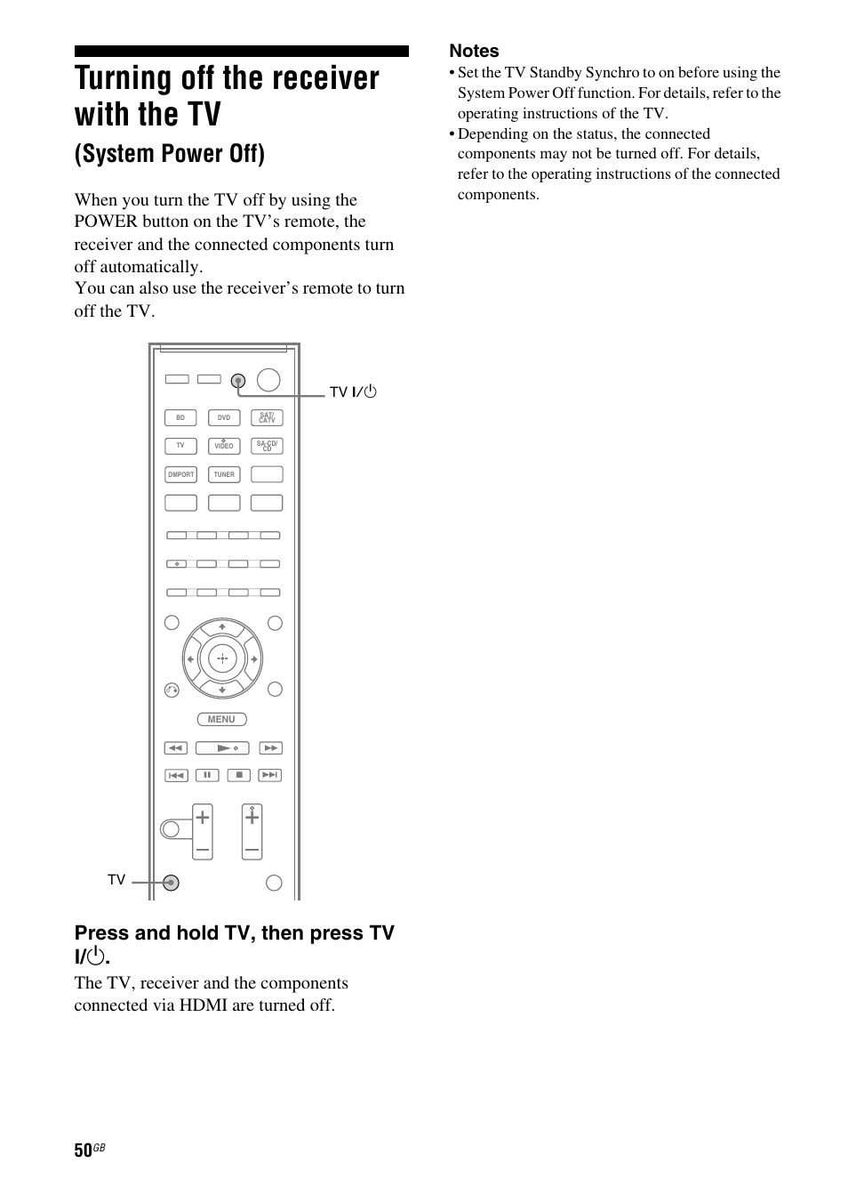 Turning off the receiver with the tv, System power off), Press and hold tv, then press tv ? / 1 | Sony STR-DH510 User Manual | Page 50 / 80