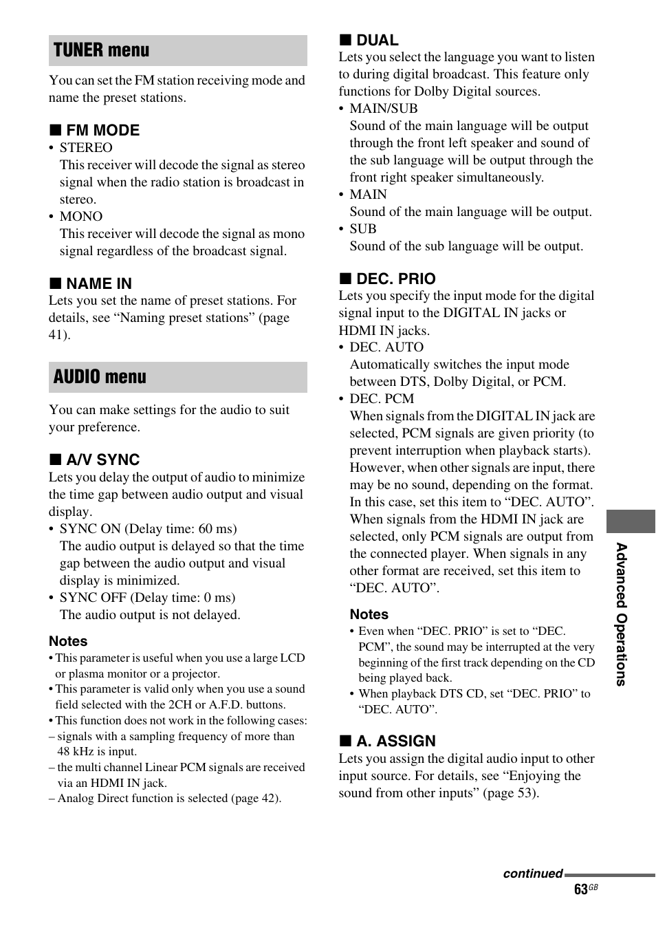 Tuner menu audio menu | Sony STR-DH510 User Manual | Page 63 / 80