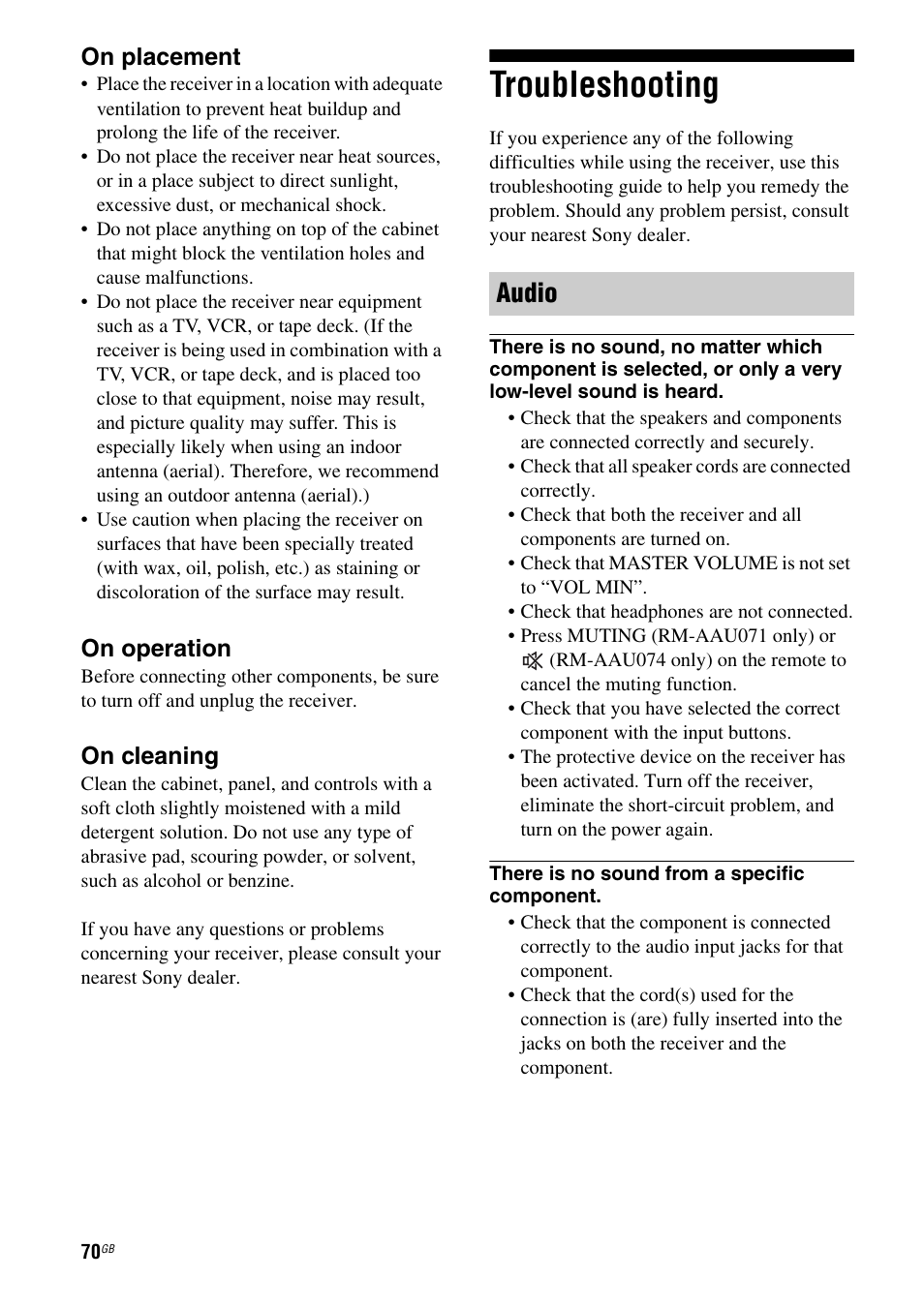 Troubleshooting, Audio | Sony STR-DH510 User Manual | Page 70 / 80