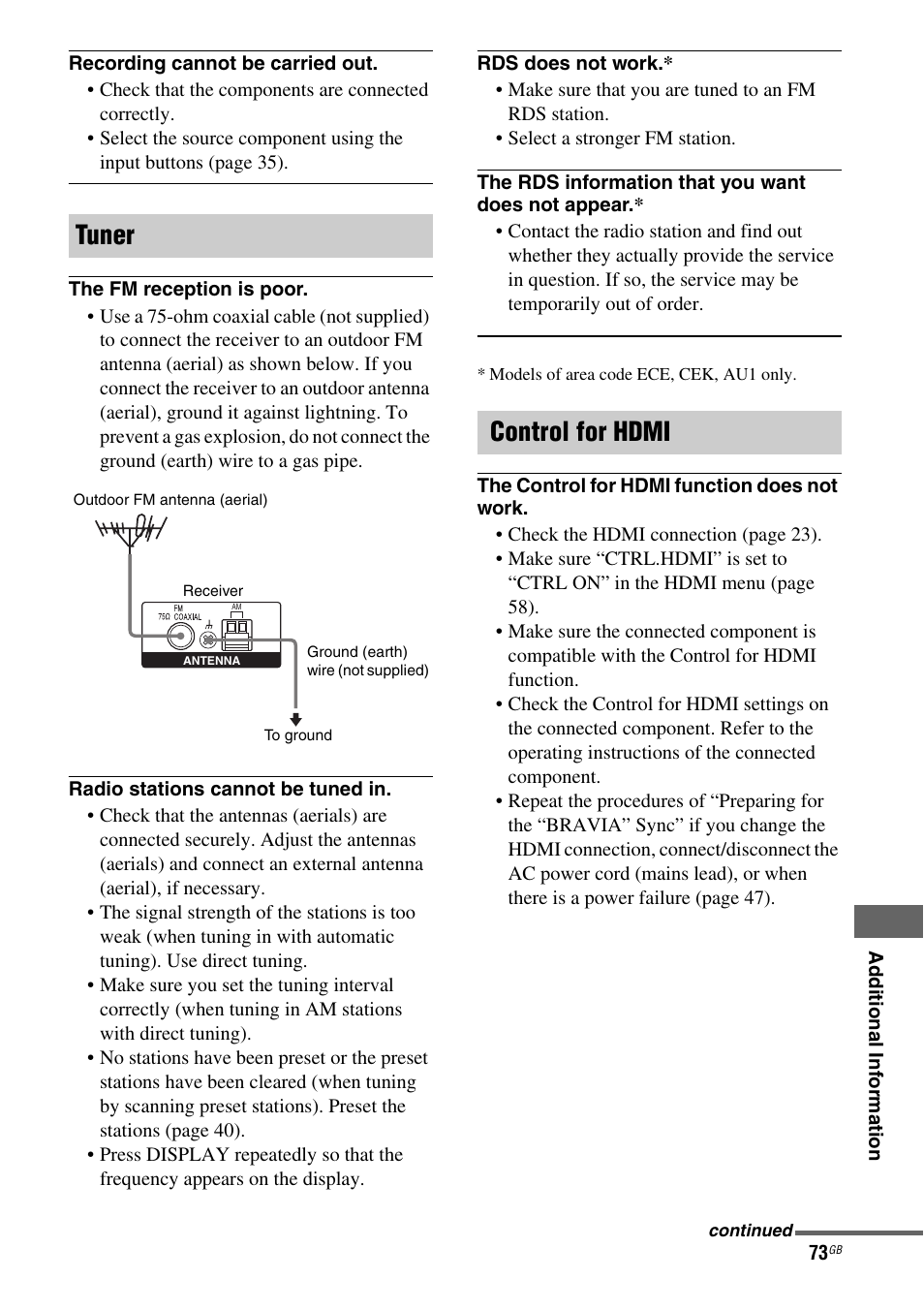 Tuner, Control for hdmi | Sony STR-DH510 User Manual | Page 73 / 80