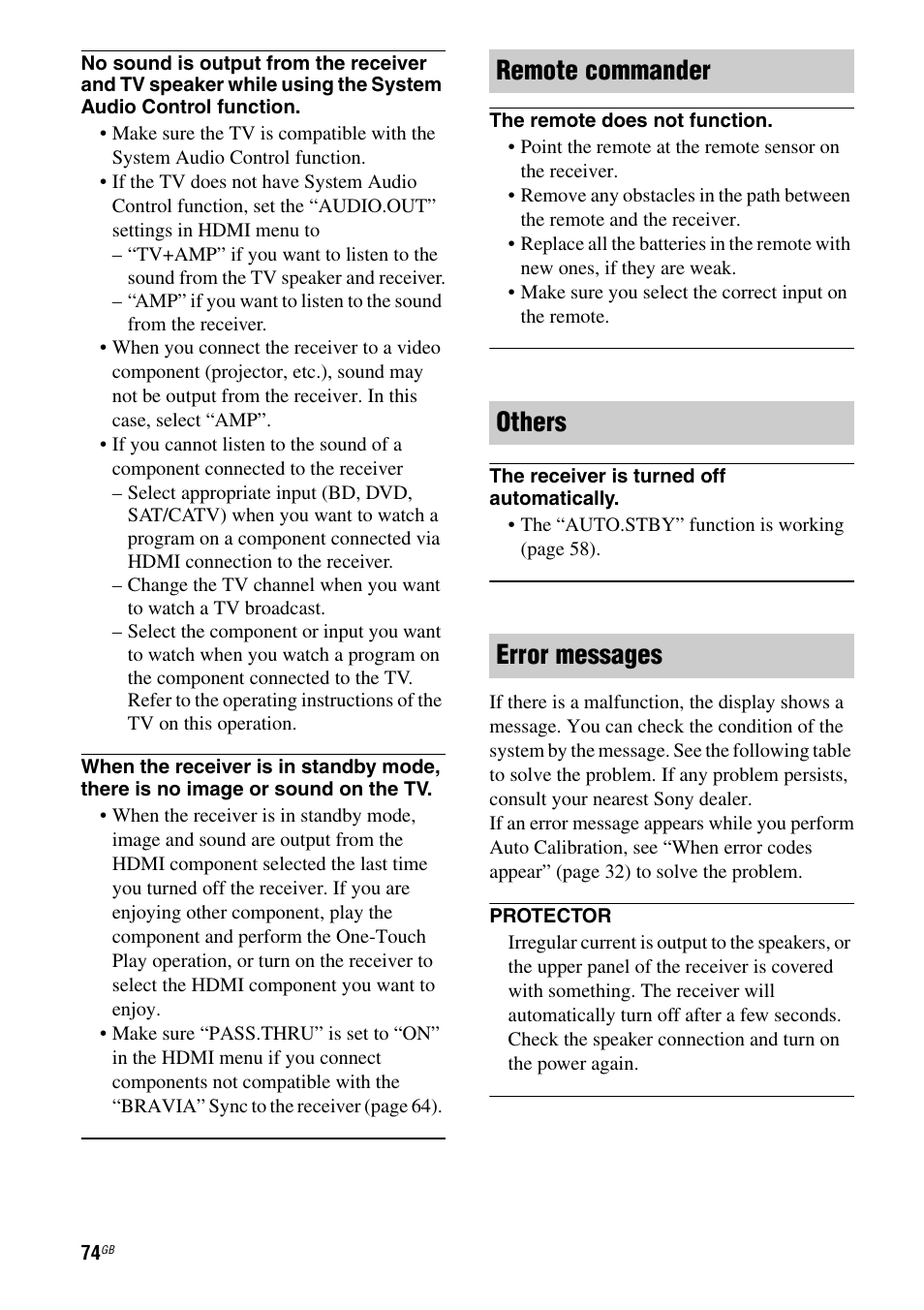 Remote commander others error messages | Sony STR-DH510 User Manual | Page 74 / 80