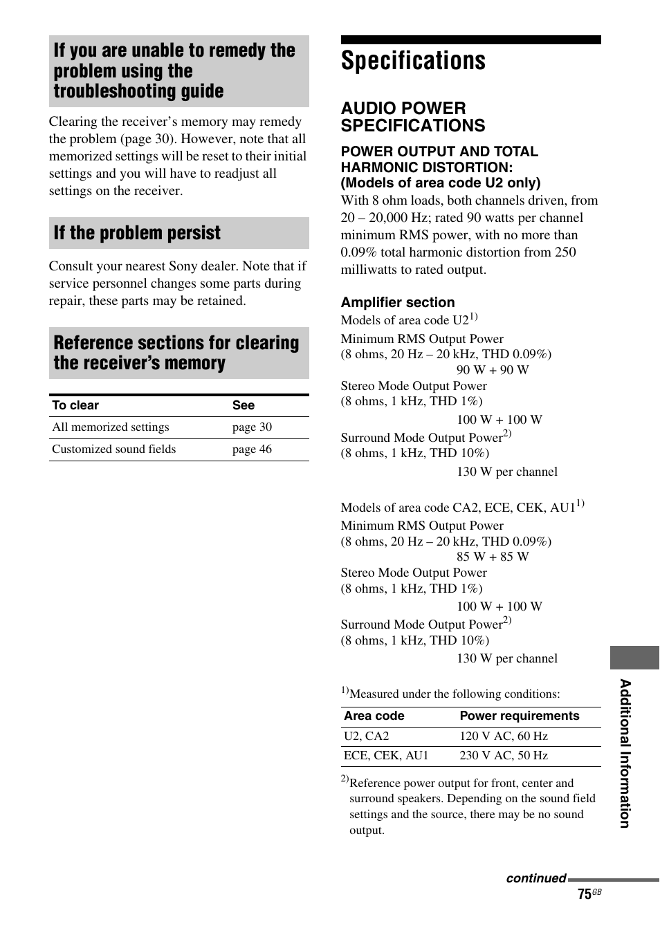 Specifications, Audio power specifications | Sony STR-DH510 User Manual | Page 75 / 80