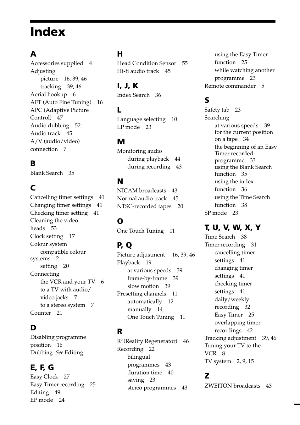 Index, E, f, g, I, j, k | P, q, T, u, v, w, x, y | Sony SLV-ED818ME User Manual | Page 61 / 61