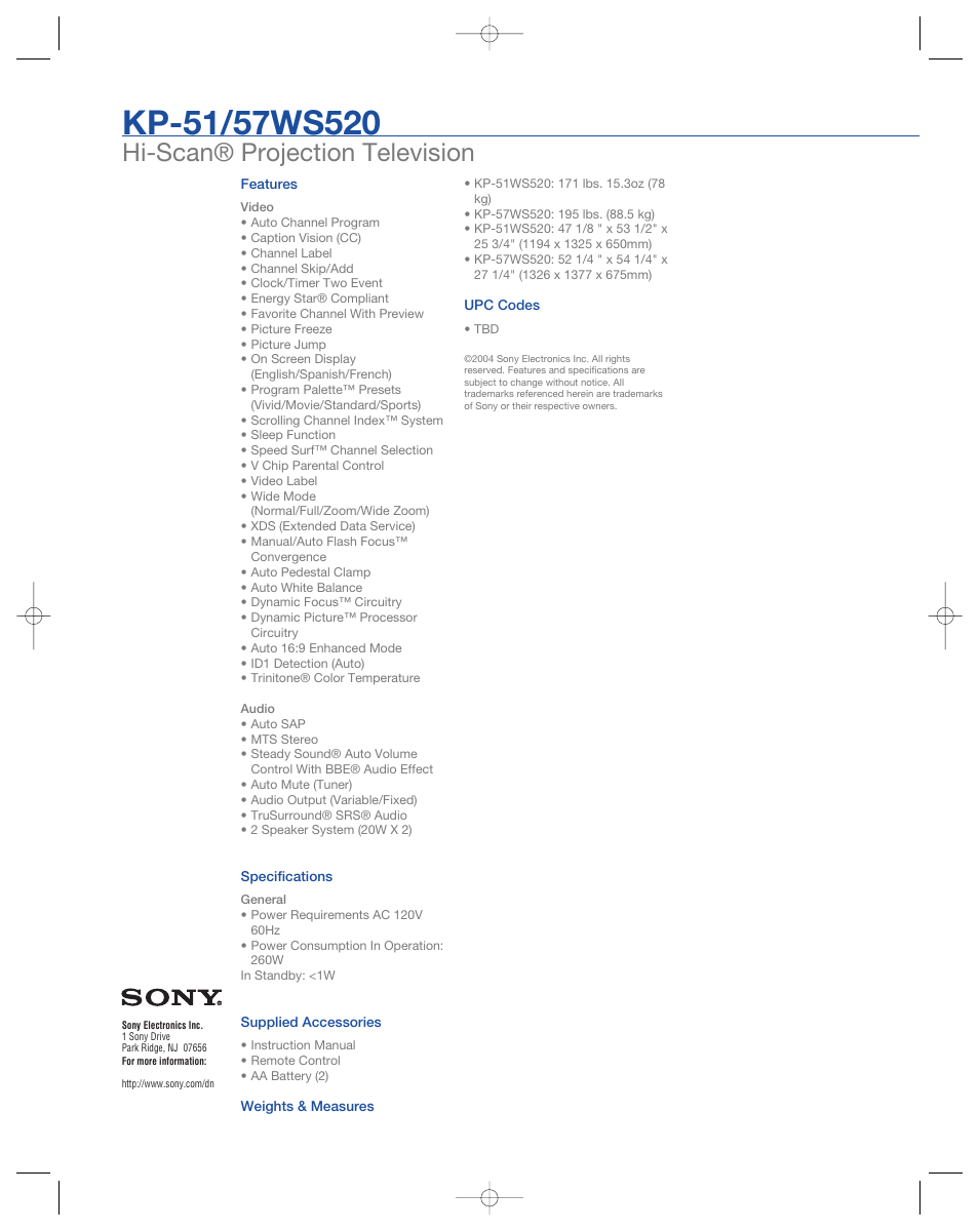 Hi-scan® projection television | Sony KP 51WS520 User Manual | Page 2 / 2