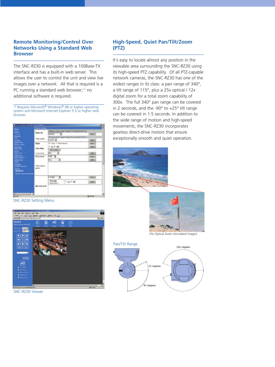 High-speed, quiet pan/tilt/zoom (ptz) | Sony SNC-RZ30P/2 User Manual | Page 4 / 8