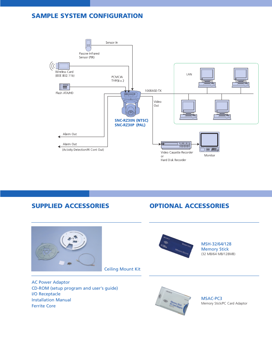 Supplied accessories, Optional accessories, Sample system configuration | Sony SNC-RZ30P/2 User Manual | Page 7 / 8