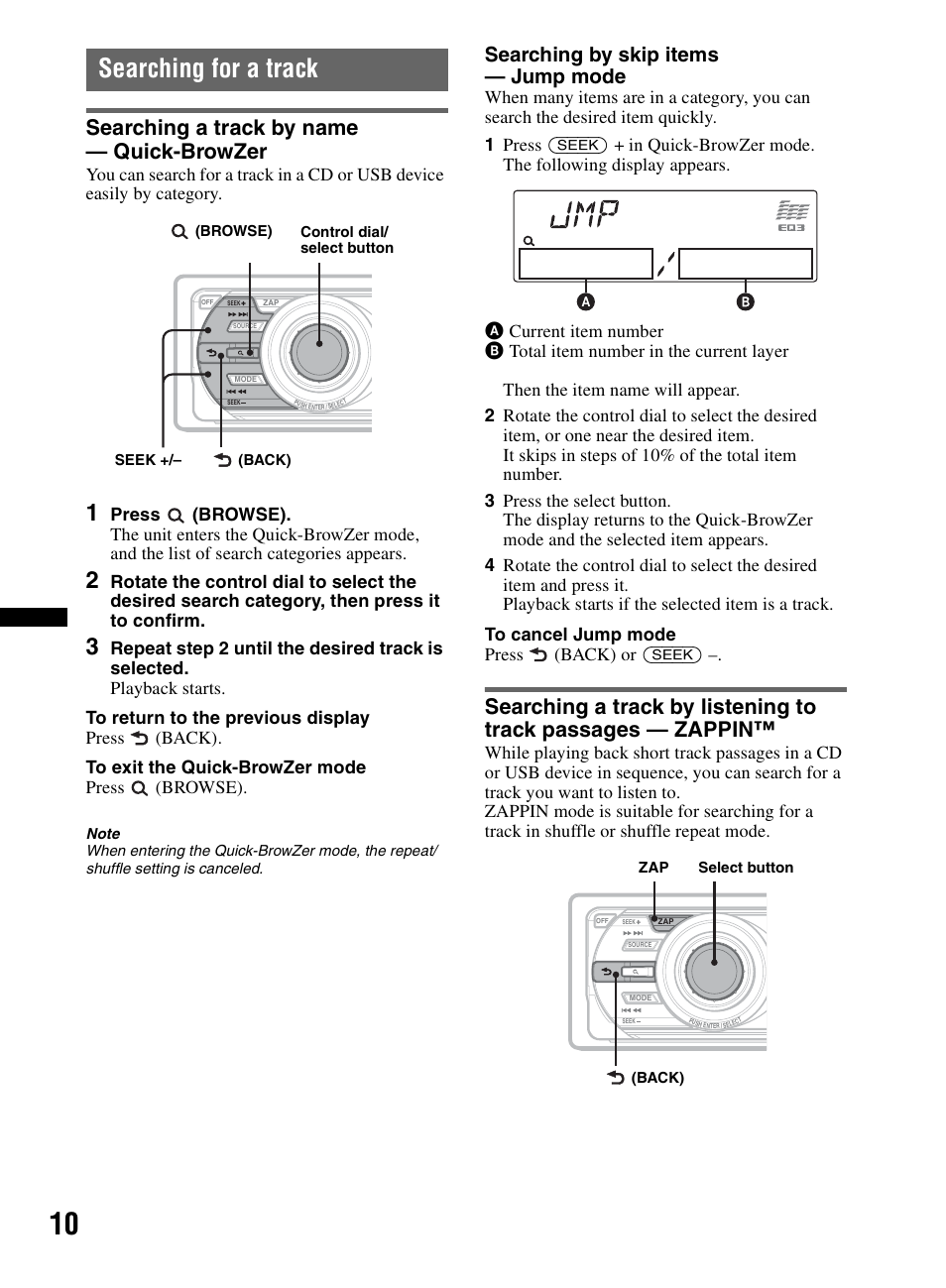 Searching for a track, Searching a track by name - quick-browzer, Searching a track by name — quick-browzer | Searching by skip items — jump mode | Sony CDX-M60UI User Manual | Page 10 / 140