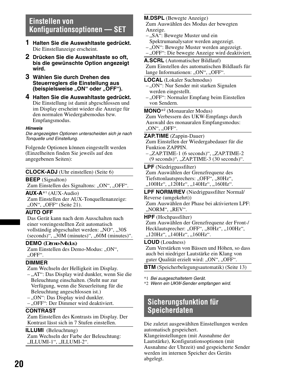 Einstellen von konfigurationsoptionen - set, Sicherungsfunktion für speicherdaten, Einstellen von konfigurationsoptionen — set | Sony CDX-M60UI User Manual | Page 100 / 140