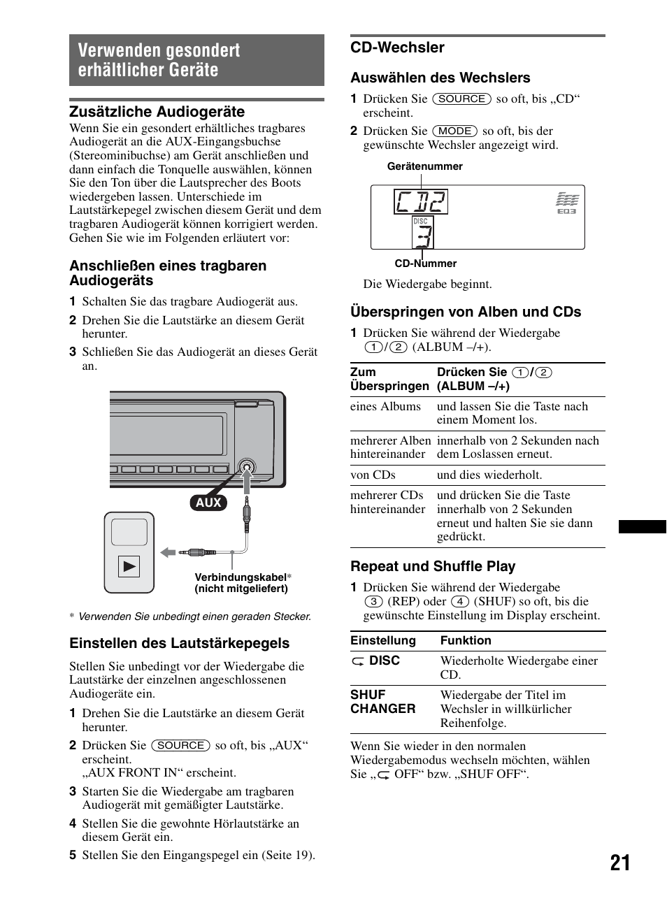 Verwenden gesondert erhältlicher geräte, Zusätzliche audiogeräte, Cd-wechsler | Zusätzliche audiogeräte cd-wechsler, Seite 21 | Sony CDX-M60UI User Manual | Page 101 / 140