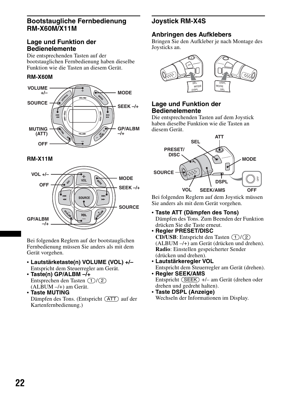 Bootstaugliche fernbedienung rm-x60m/x11m, Joystick rm-x4s, Lage und funktion der bedienelemente | Anbringen des aufklebers | Sony CDX-M60UI User Manual | Page 102 / 140