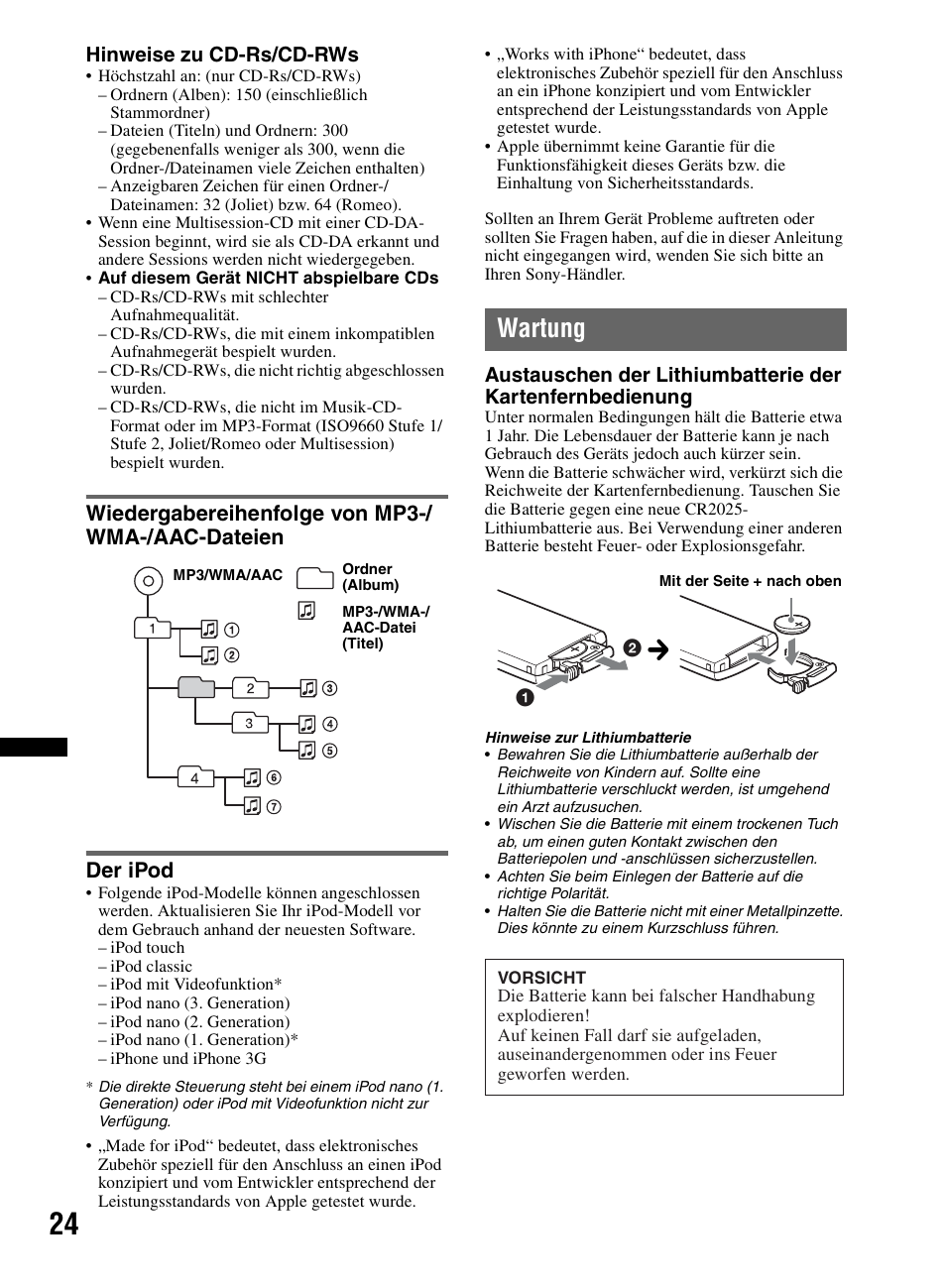 Wiedergabereihenfolge von mp3-/ wma-/aac-dateien, Der ipod, Wartung | Seite 24), Seite 24 | Sony CDX-M60UI User Manual | Page 104 / 140
