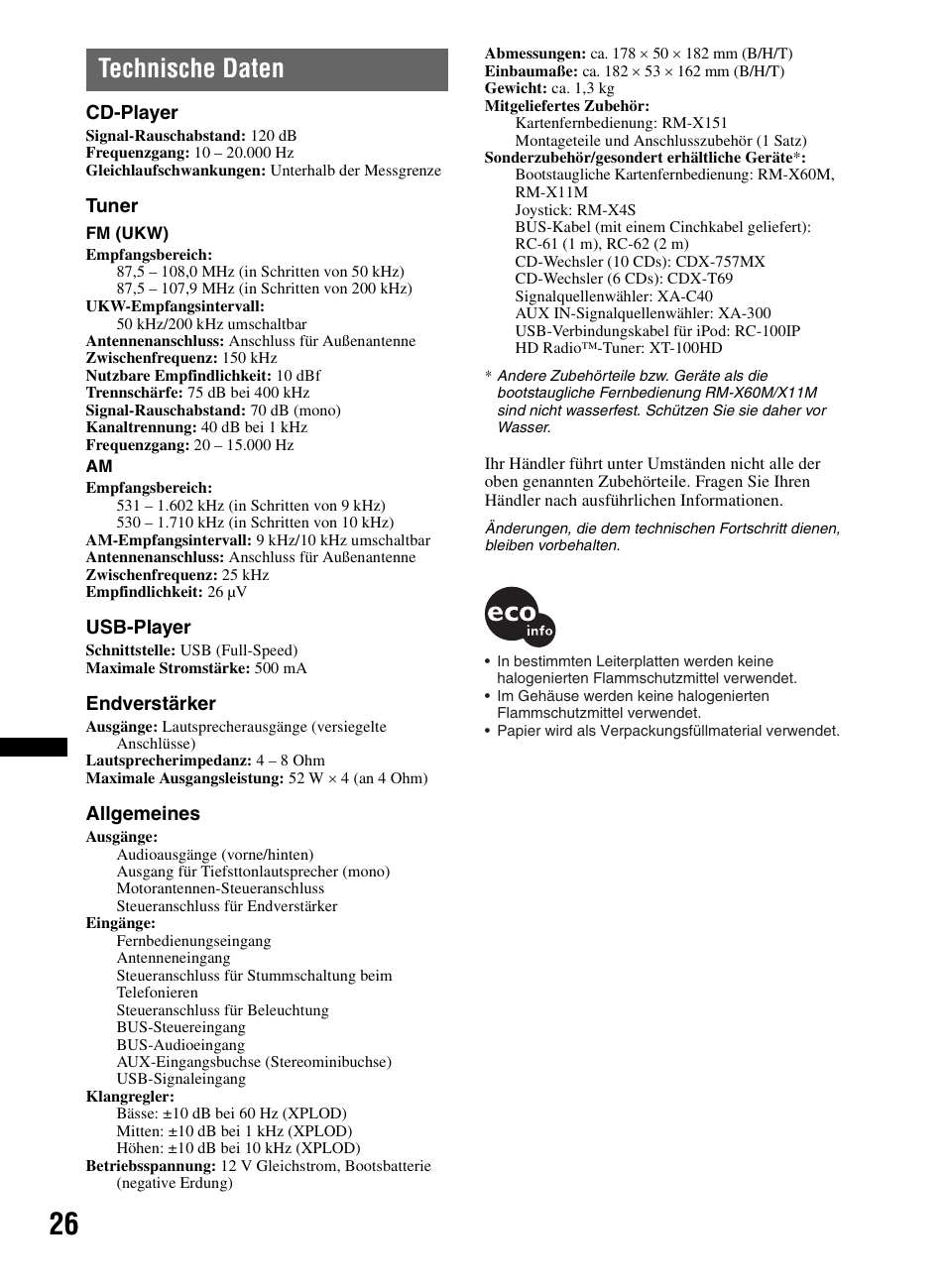 Technische daten | Sony CDX-M60UI User Manual | Page 106 / 140