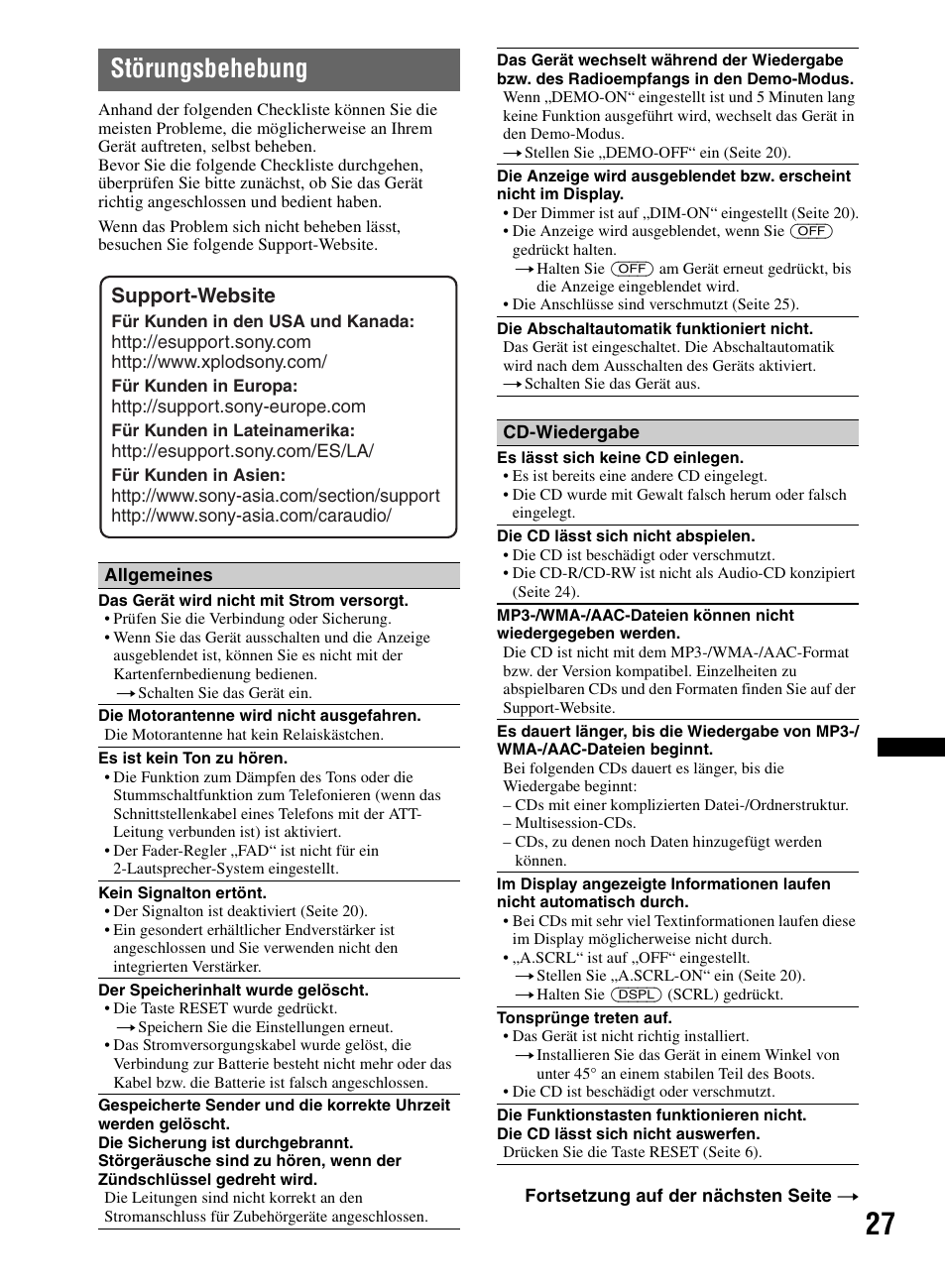 Störungsbehebung | Sony CDX-M60UI User Manual | Page 107 / 140