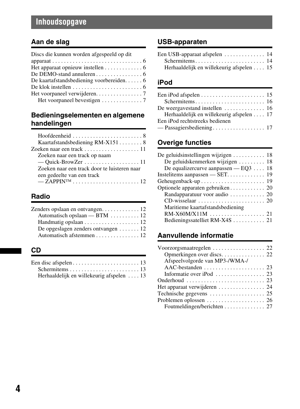 Inhoudsopgave | Sony CDX-M60UI User Manual | Page 112 / 140