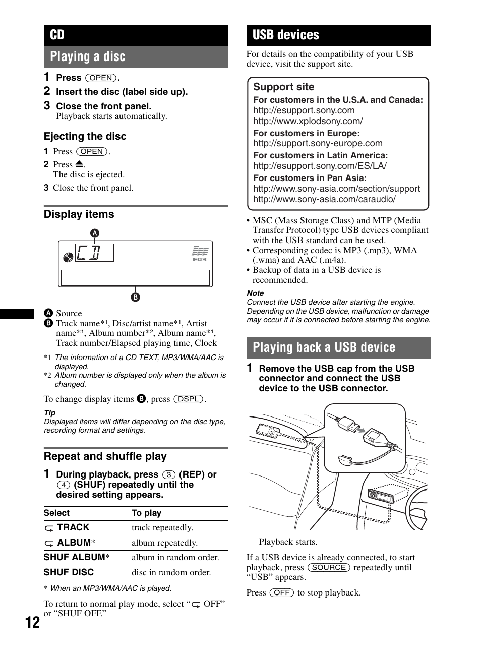 Playing a disc, Display items, Repeat and shuffle play | Usb devices, Playing back a usb device, Display items repeat and shuffle play, Cd playing a disc | Sony CDX-M60UI User Manual | Page 12 / 140