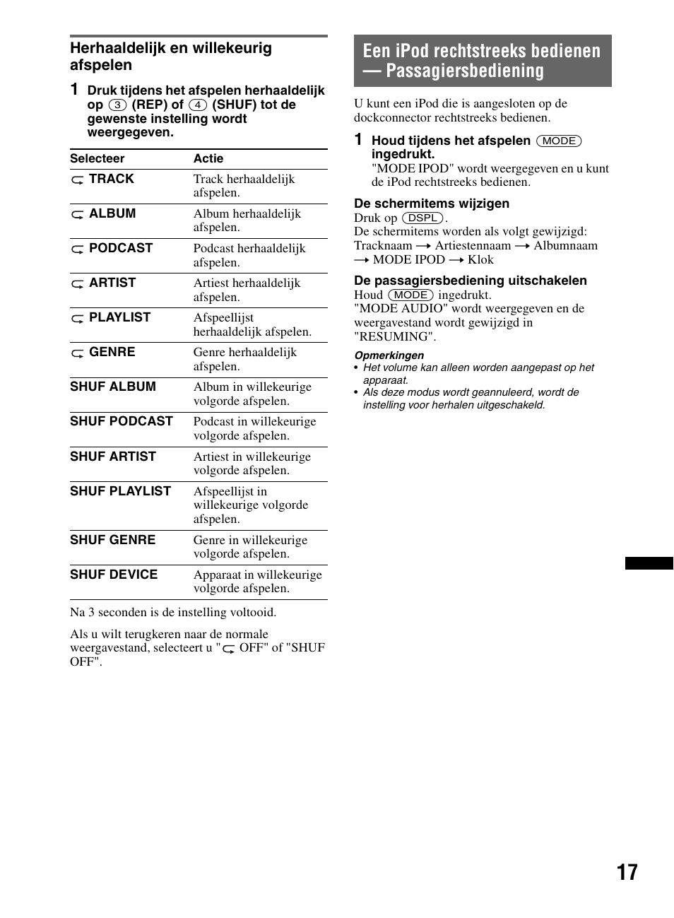 Herhaaldelijk en willekeurig afspelen | Sony CDX-M60UI User Manual | Page 125 / 140