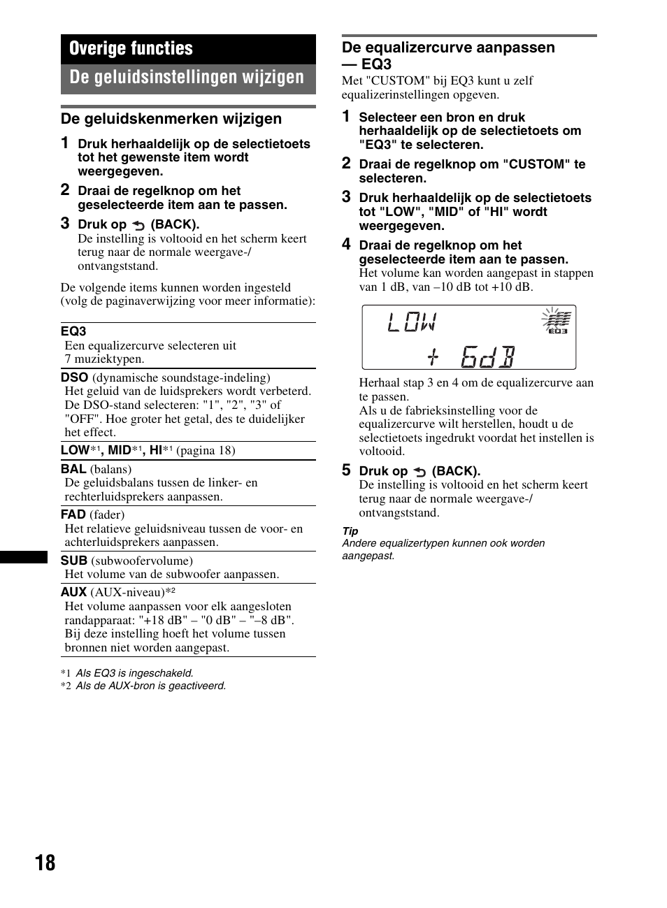 Overige functies, De geluidsinstellingen wijzigen, De geluidskenmerken wijzigen | De equalizercurve aanpassen - eq3, Overige functies de geluidsinstellingen wijzigen | Sony CDX-M60UI User Manual | Page 126 / 140