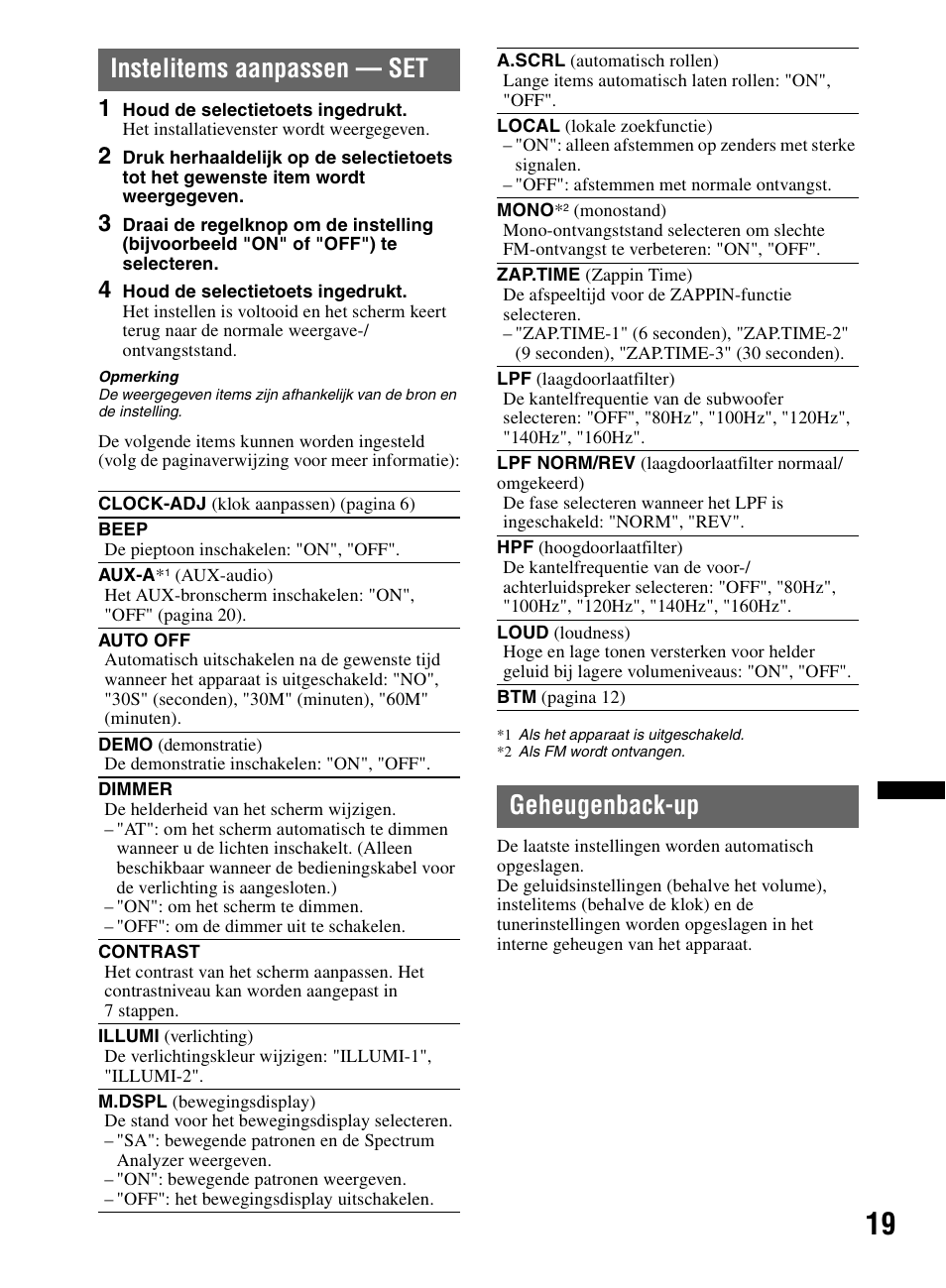 Instelitems aanpassen - set, Geheugenback-up, Instelitems aanpassen — set geheugenback-up | Instelitems aanpassen — set | Sony CDX-M60UI User Manual | Page 127 / 140