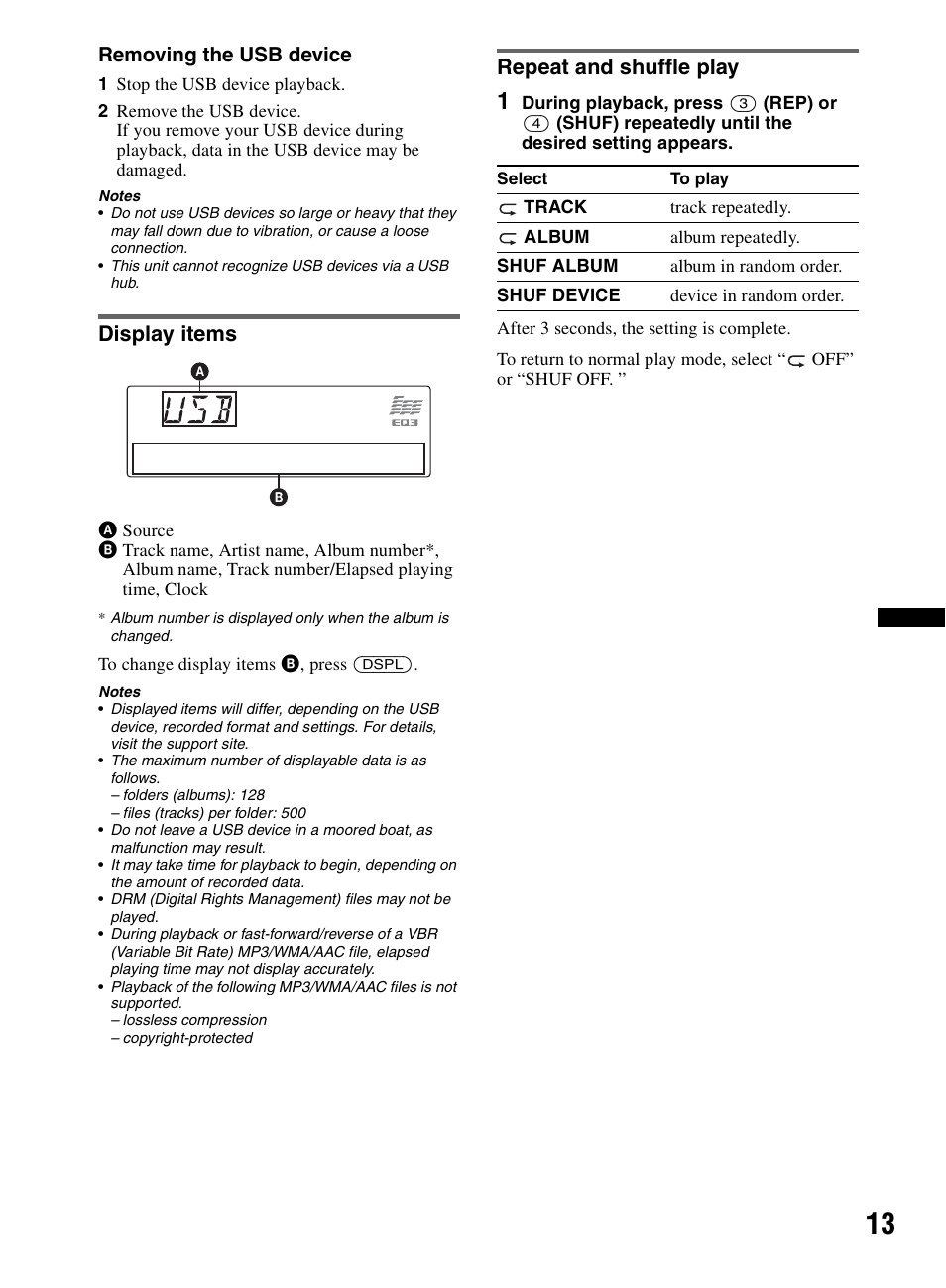 Display items, Repeat and shuffle play, Display items repeat and shuffle play | Sony CDX-M60UI User Manual | Page 13 / 140